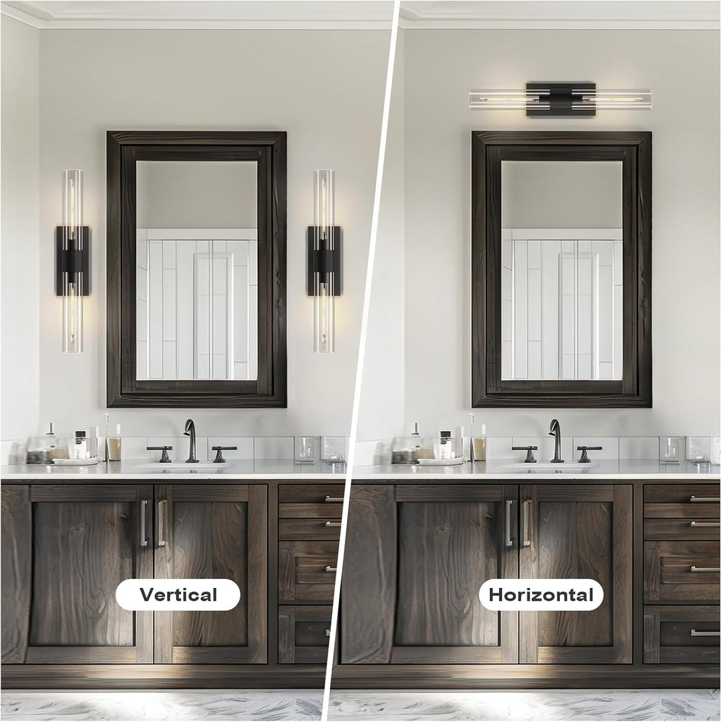 Black Wall Sconce for Bathroom Vanity, Copper Wall Light Fixtures, 22.8' Modern Two Glass Tube Wall Sconce, Indoor Wall Mounted Sconce for Bathroom Mirror, Bedroom, Living Room