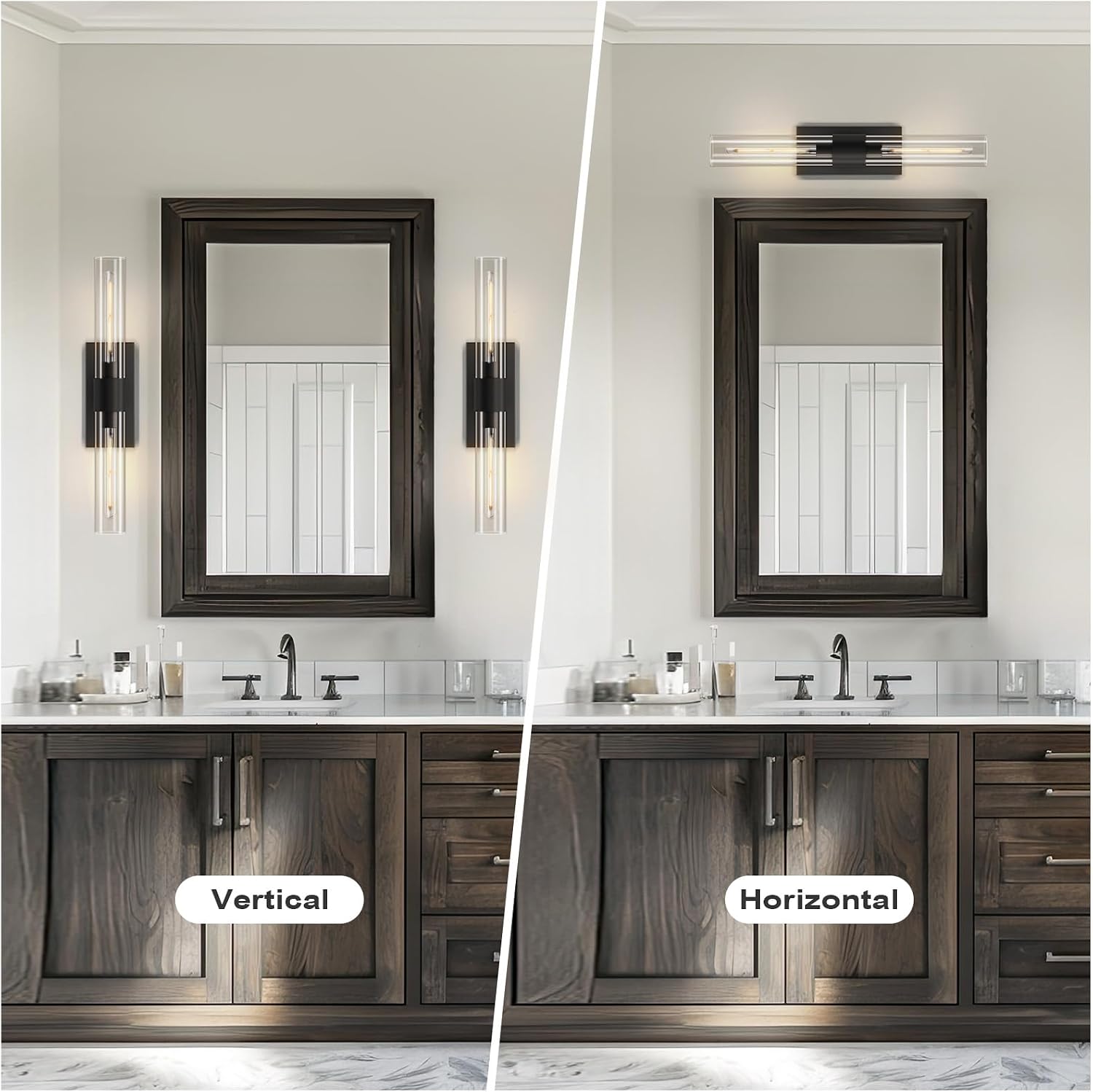 Black Wall Sconce for Bathroom Vanity, Copper Wall Light Fixtures, 22.8' Modern Two Glass Tube Wall Sconce, Indoor Wall Mounted Sconce for Bathroom Mirror, Bedroom, Living Room
