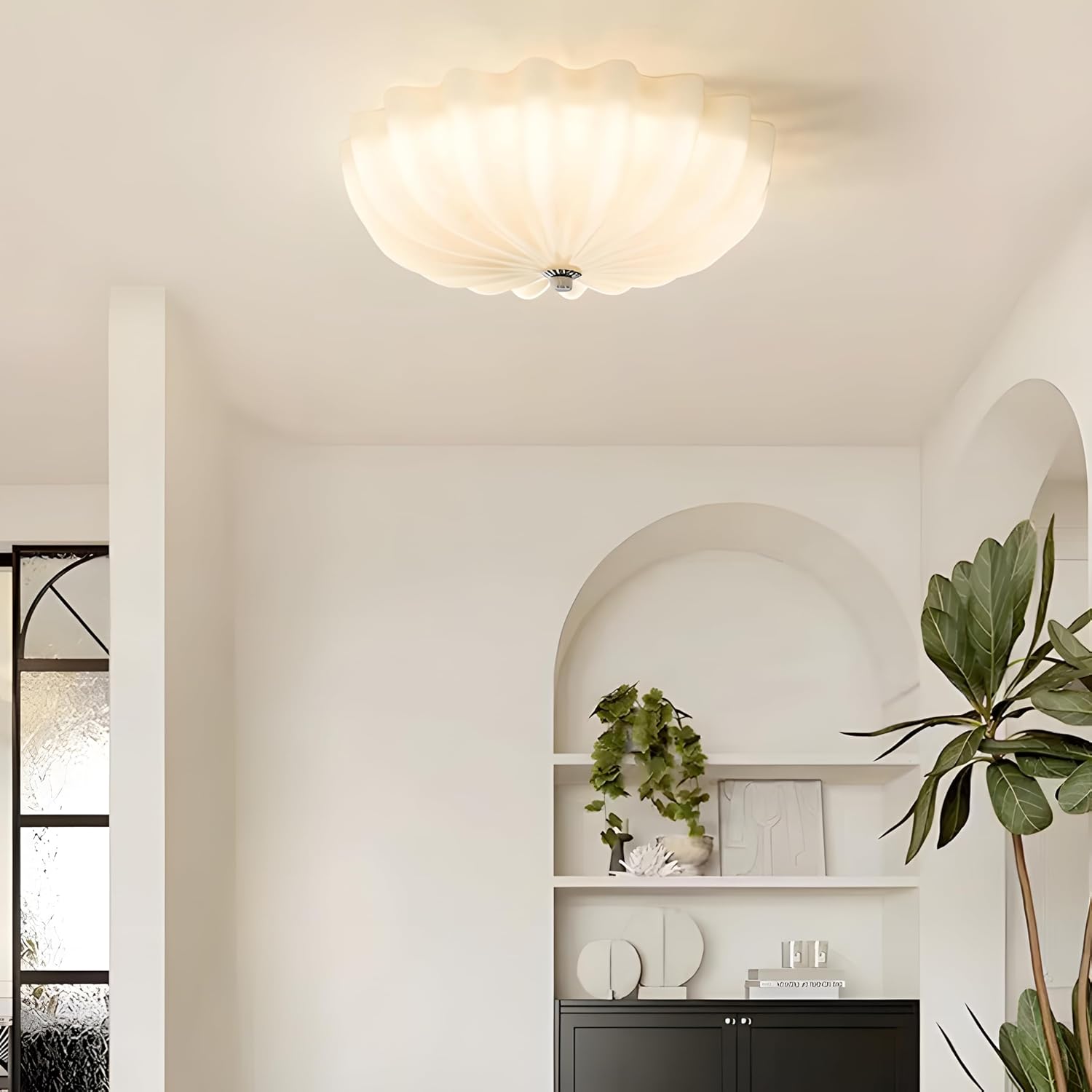 Mid Century Modern Flush Mount Ceiling Light with Milk White Glass Shade, White Flower Ceiling Lamp, 15.74inch Large LED Kitchen & Hallway Ceiling Light Fixture.