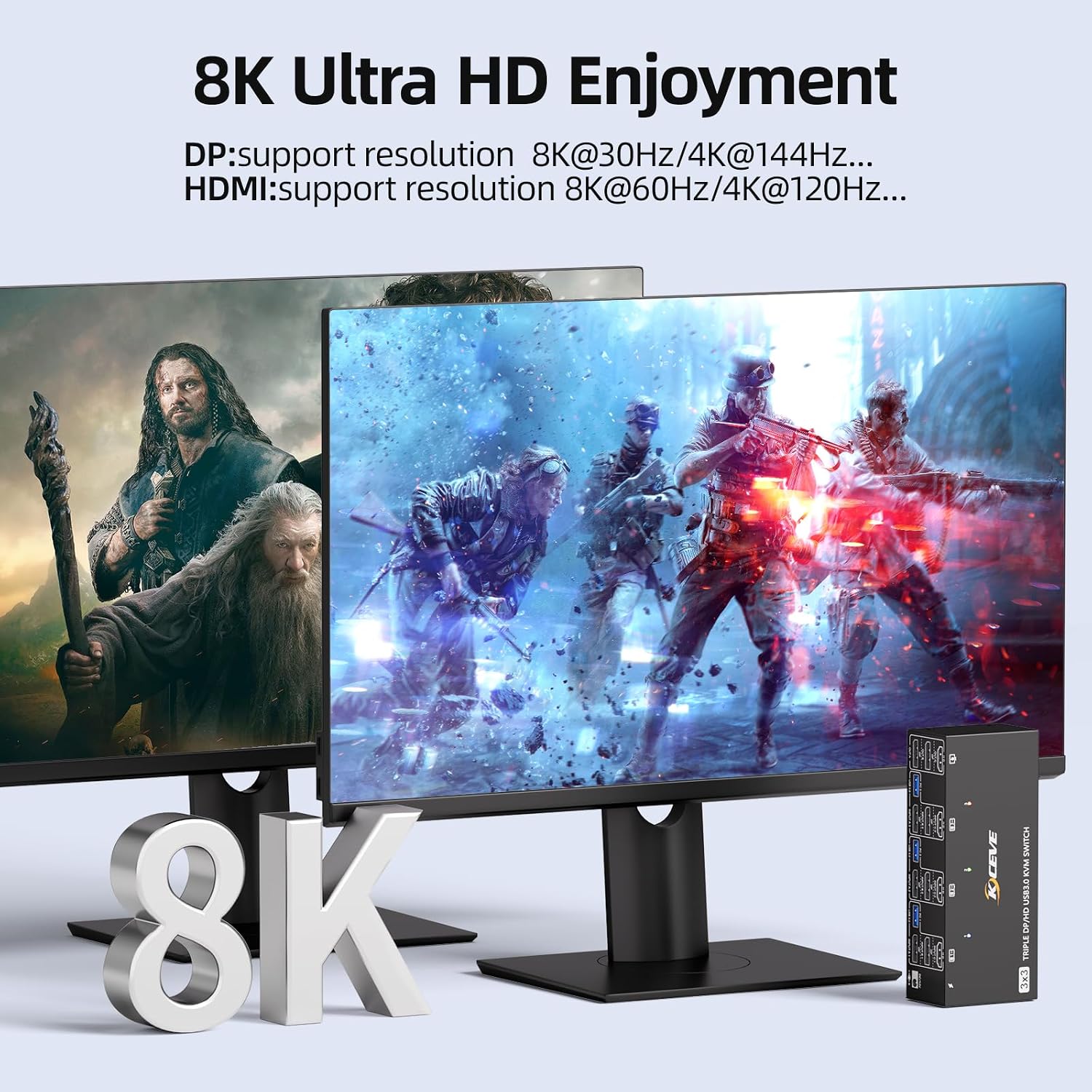 HDMI+2Displayport KVM Switch 3 Monitors 3 Computers 8K@60Hz 4K@144Hz,Triple Monitor KVM Switches with 4 USB3.0 Port for USB Devices,Wired Remote,Power Adapter and USB Cables Included.