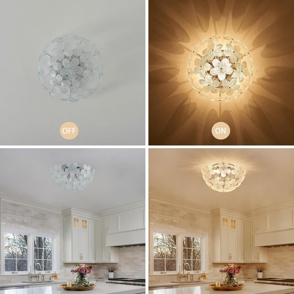 Floral Semi Flush Mount Ceiling Light Fixture Modern Flower Ceiling 6-Light Glass Chrome Chandeliers for Bedroom Closet Entryway Living Room Indoor Kitchen Foyer Hallway