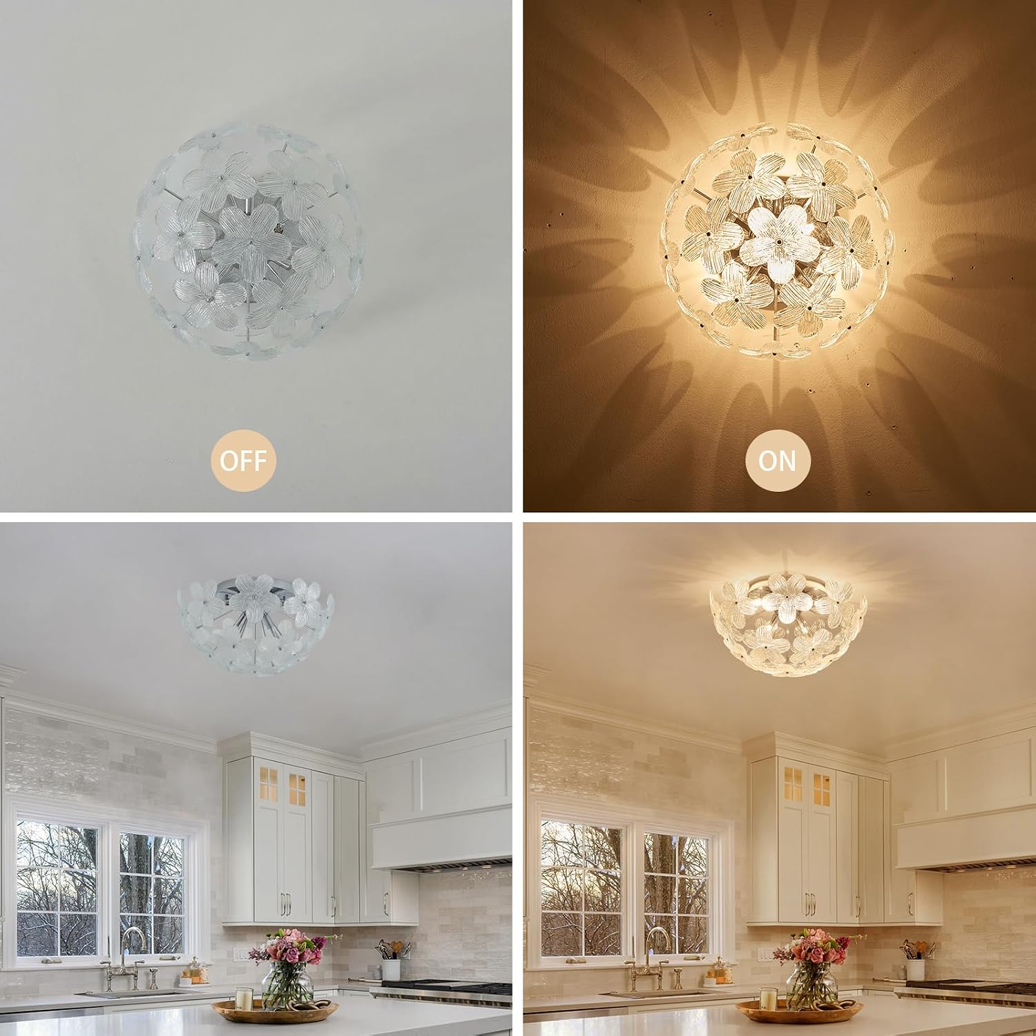 Floral Semi Flush Mount Ceiling Light Fixture Modern Flower Ceiling 6-Light Glass Chrome Chandeliers for Bedroom Closet Entryway Living Room Indoor Kitchen Foyer Hallway