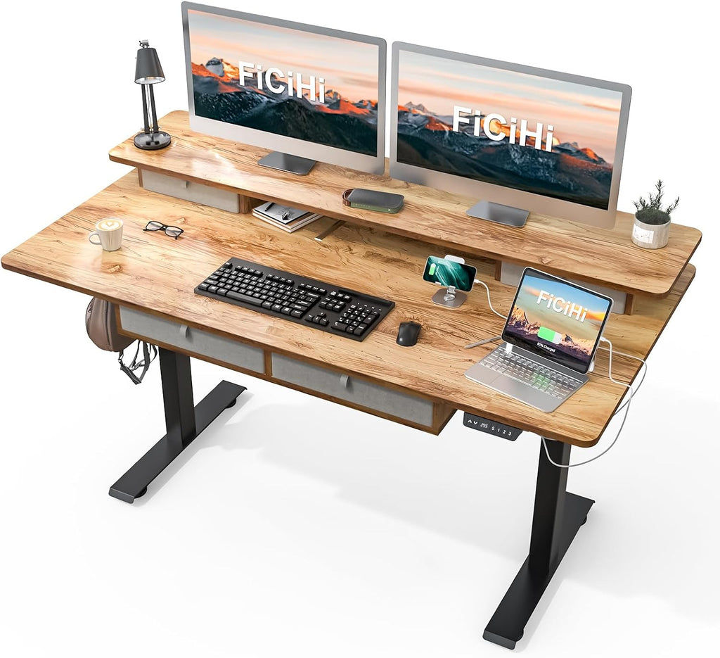 FiCiHi Adjustable Height Standing Desk with 4 Drawers,55 x 30 inches Electric Sit Stand Home Office Desk with Two Tiers, 3 Memory Presets, Monitor Stand Riser, USB A/C Charging Port
