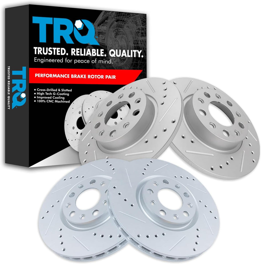 TRQ Performance Front and Rear Brake Rotor Set G Coated Drilled and Slotted Compatible with 2016-2023 Fiat 500X 2017-2022 Jeep Compass 2015-2023 Renegade