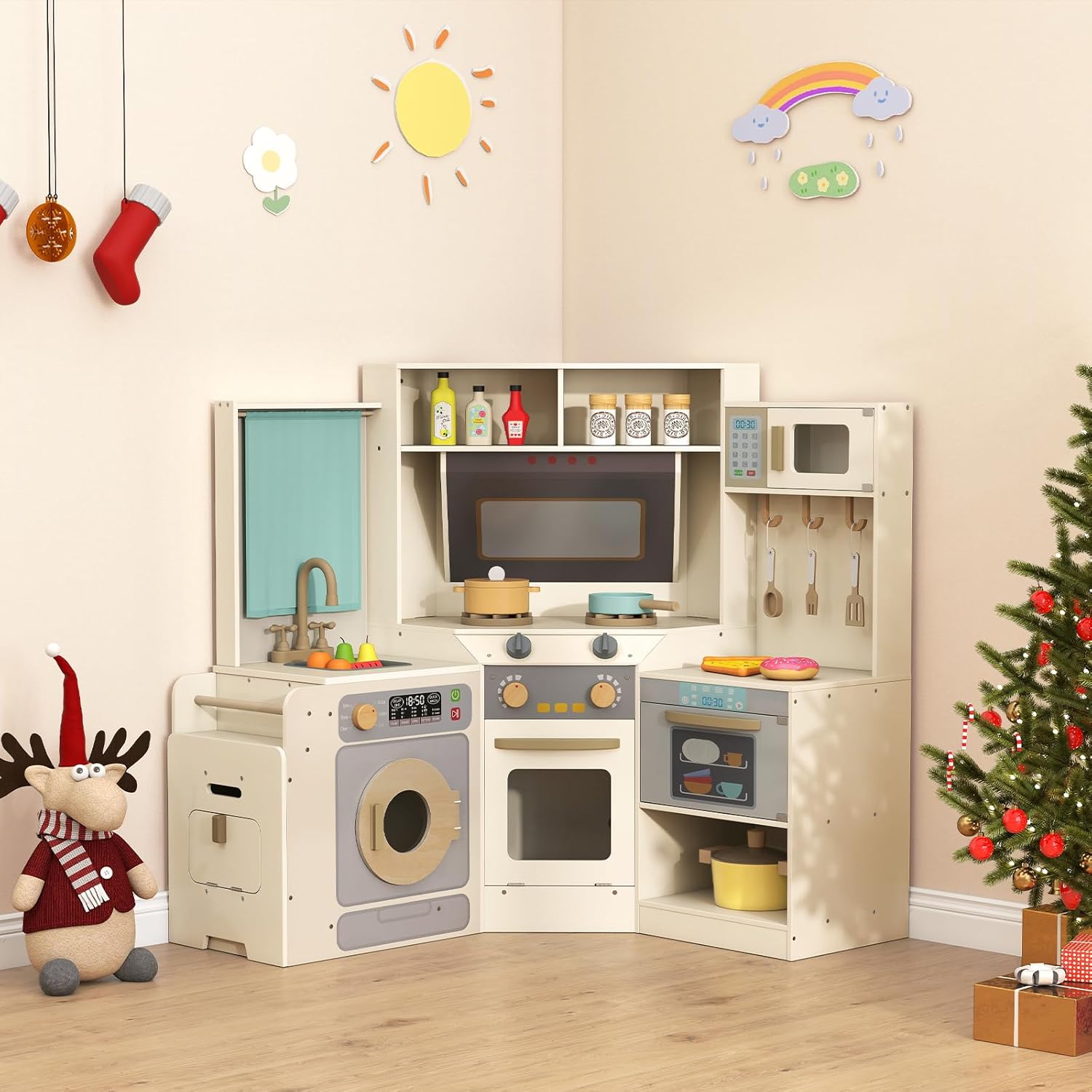 GLACER Corner Wooden Play Kitchen with Real Lights & Sounds, Pretend Kids Kitchen Playset with Trash Bin, Accessories, Dishwasher, Microwave Oven, Cooking Play Set for Toddlers Ages 3+ (Off White)