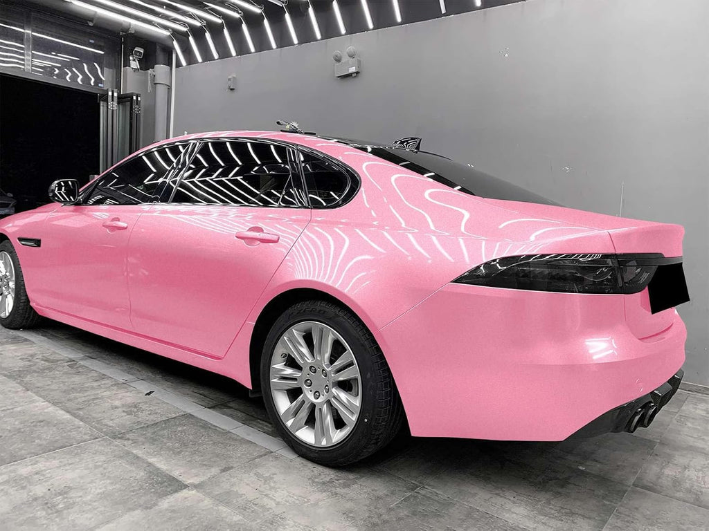 5FTx9FT PET Super Gloss Metallic Petal Pink High Glossy Vinyl Wrap Auto Car Sticker Decal Film Sheet Bubble Free Air Release Technology with Tool Set