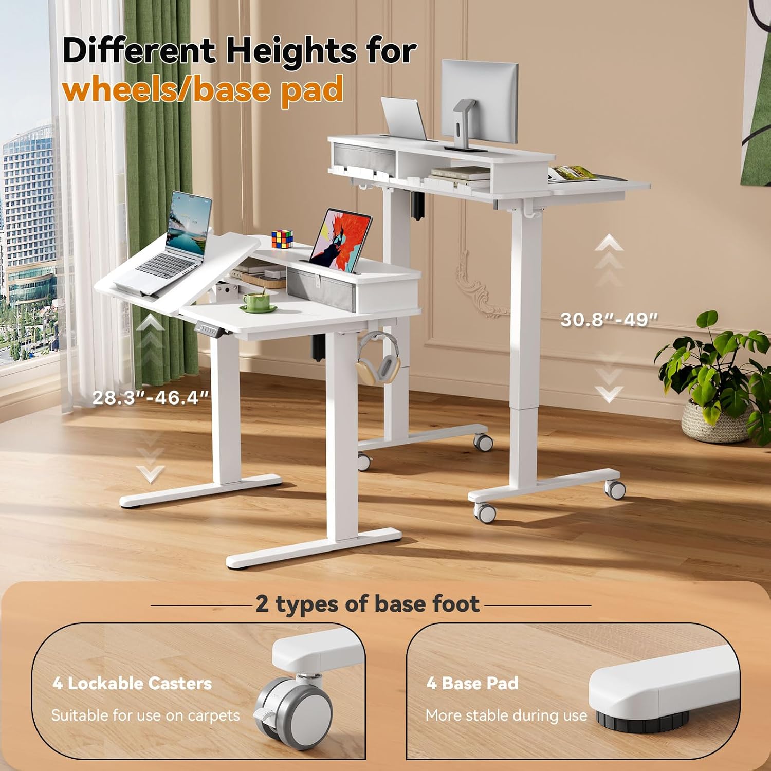 White Standing Desk，60° Tiltable Height Adjustable Electric Rising Desk，40Inch Foldable Mobile Laptop Table with Shelf,Monitor Stand, Drawer ,Flippable Drafting Workstation on Wheels for Kids' Drawing