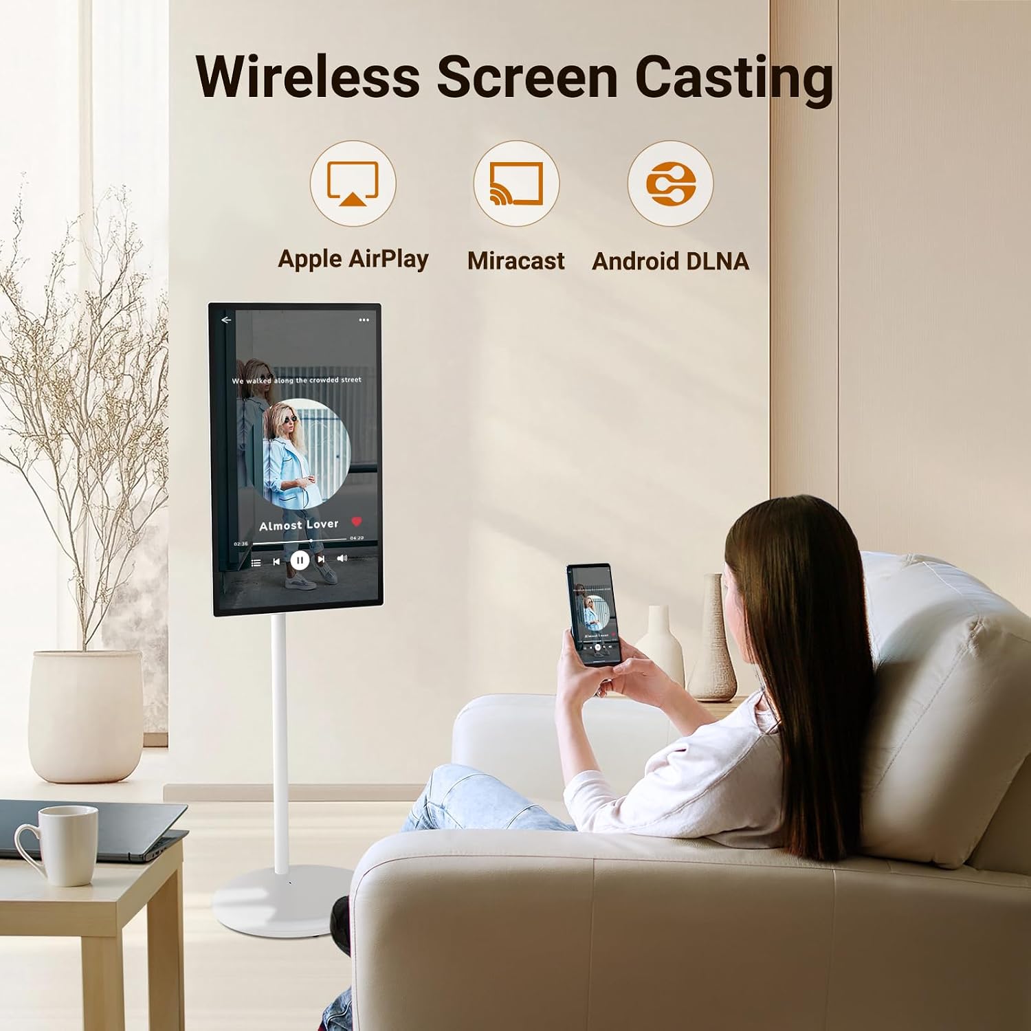 27' Rolling TV, EDLA-Certified Portable TV, Android 13, 8 GB +128 GB, Built-in 20,000 mAh Battery, 14H Playtime, Wireless Casting,10-Point Touch Screen Monitor for Home, Office, Gym