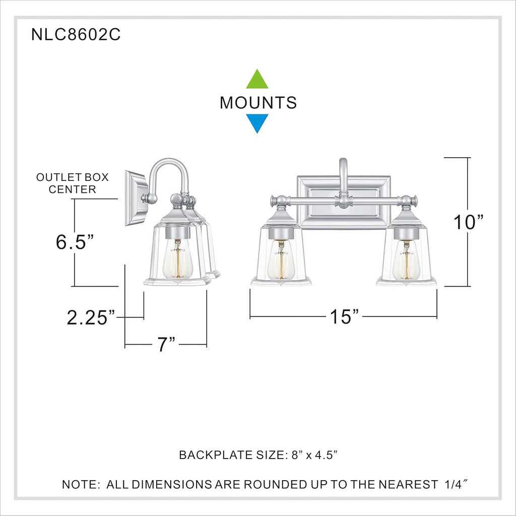 Quoizel Nicholas Vanity Lights, 15 Inch 2-Light Polished Chrome Bathroom Lighting Fixtures Over Mirror, 100W, Clear Glass, Mid-Century Wall Mount Light for Bathrooms, Kitchen or Hallway