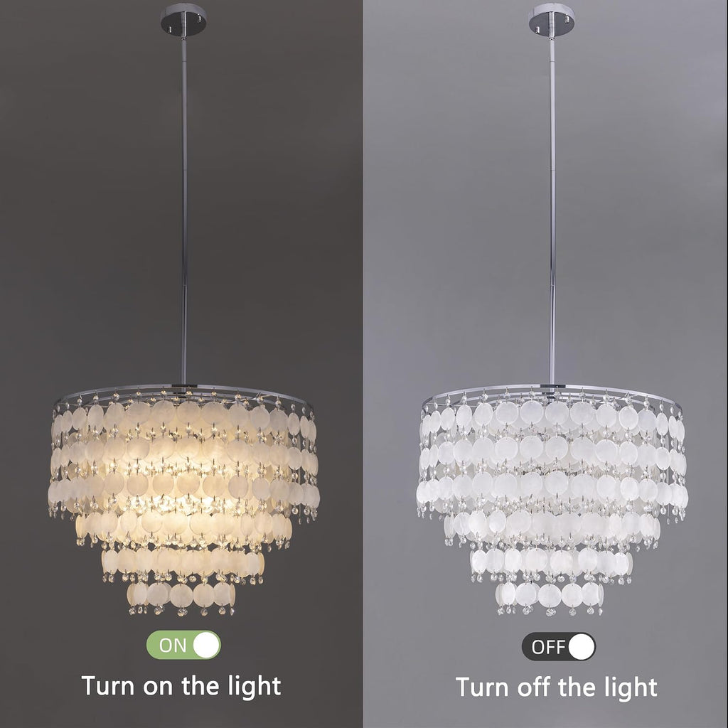 TOCHIC Modern Capiz Shell Crystal Chandelier 6-Light Chrome Coastal Chandelier for Living Dining Room Bedroom Nuture Seashell Boho Semi Flush Mount Ceiling Light Fixture for Kitchen Island Foyer