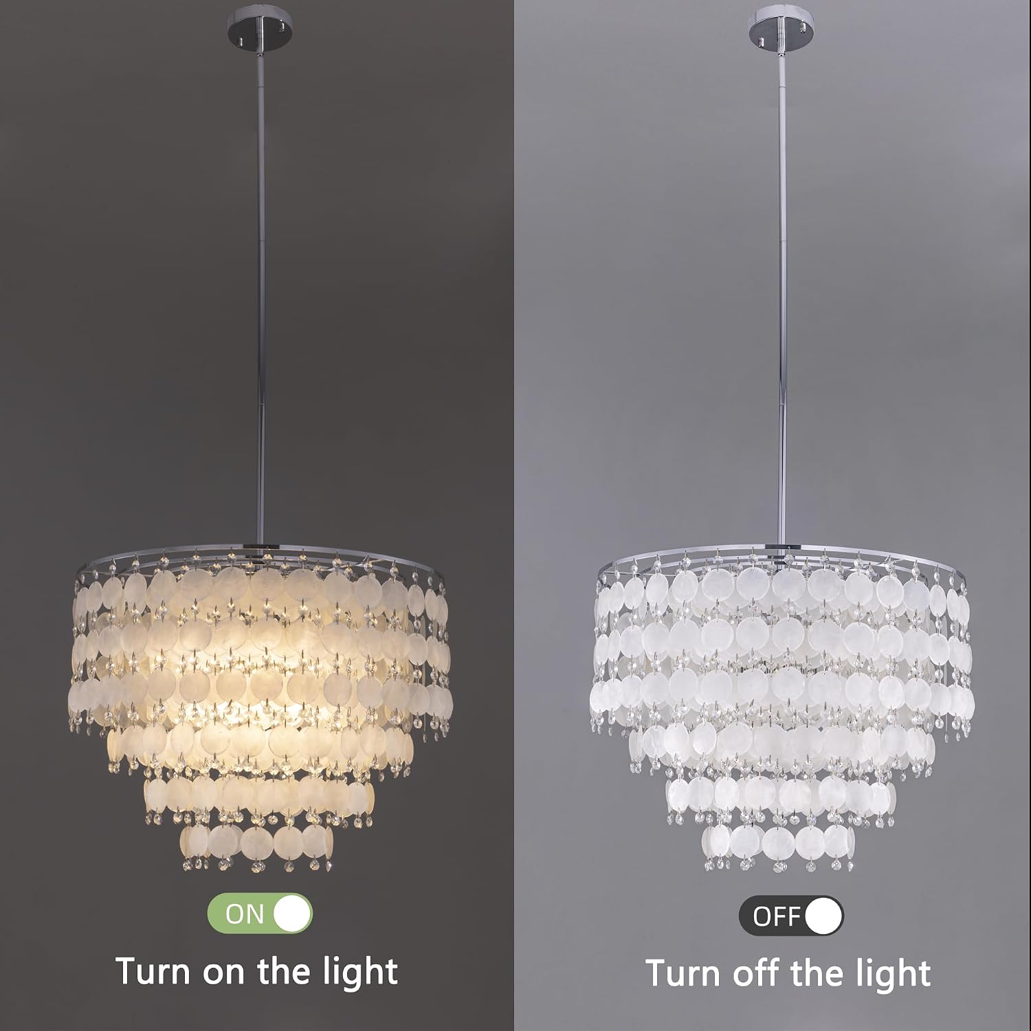 TOCHIC Modern Capiz Shell Crystal Chandelier 6-Light Chrome Coastal Chandelier for Living Dining Room Bedroom Nuture Seashell Boho Semi Flush Mount Ceiling Light Fixture for Kitchen Island Foyer