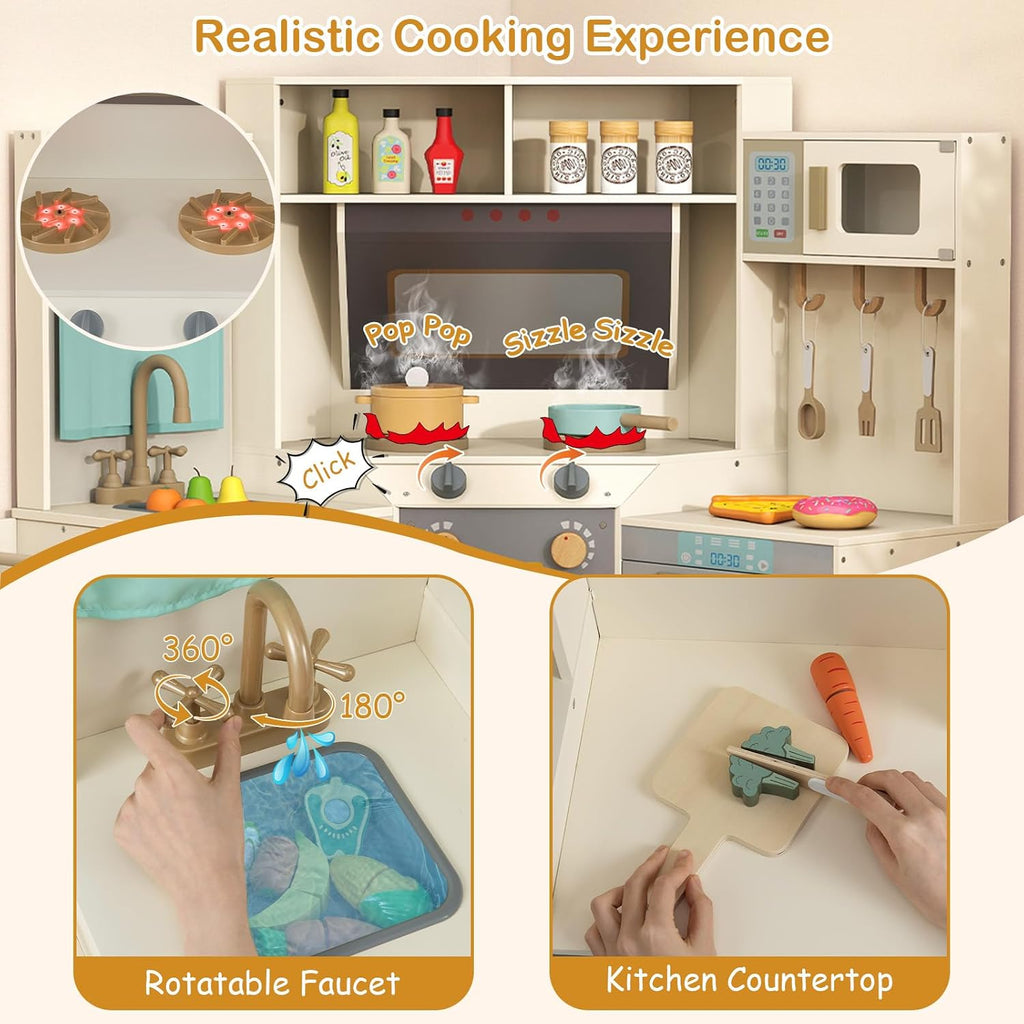 GLACER Corner Wooden Play Kitchen with Real Lights & Sounds, Pretend Kids Kitchen Playset with Trash Bin, Accessories, Dishwasher, Microwave Oven, Cooking Play Set for Toddlers Ages 3+ (Off White)