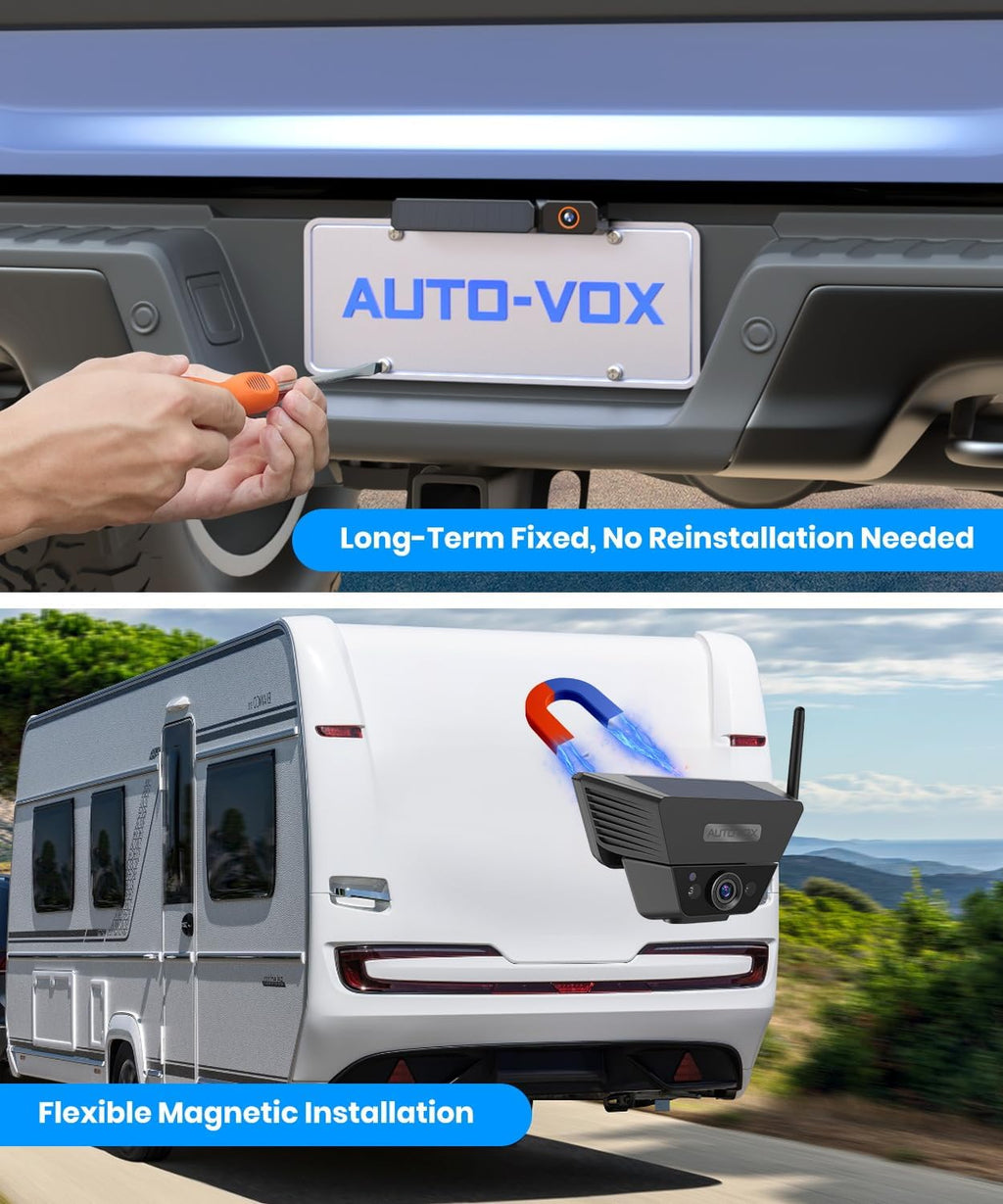 AUTO-VOX 2 Solar Wireless Backup Camera System: 7.2' 1080P HD Monitor, 3-Min Quick Installation for Wider Rear & Trailer View, IP69K Waterproof Back Up Camera for Truck, RV, Camper, Horse/Boat Trailer