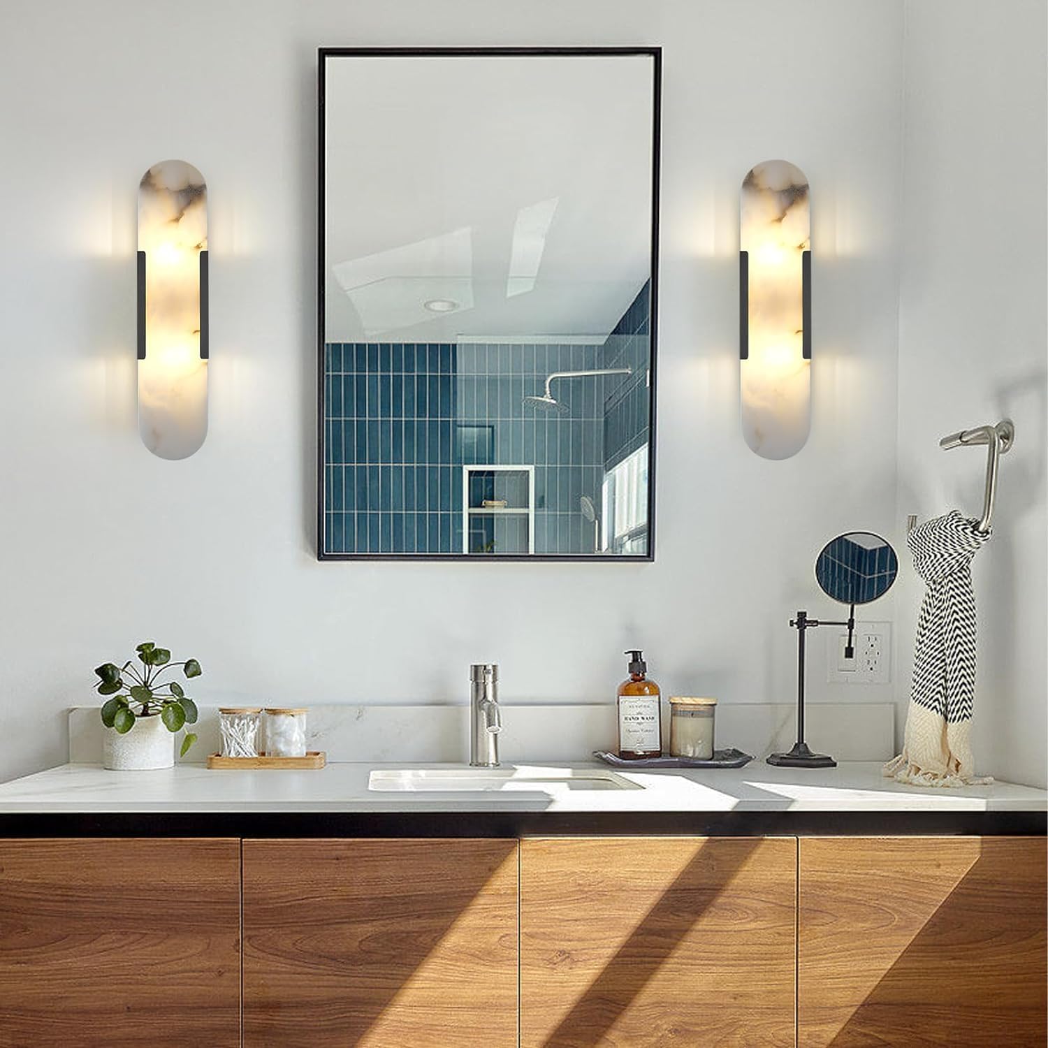 Modern Home Decoration White Marble Wall Sconce White Alabaster Sleek Unique Wall Light Bathroom Vanity Light Fixture Long Bedroom Wall Lamp Modern Lighting for Living Room Hallway
