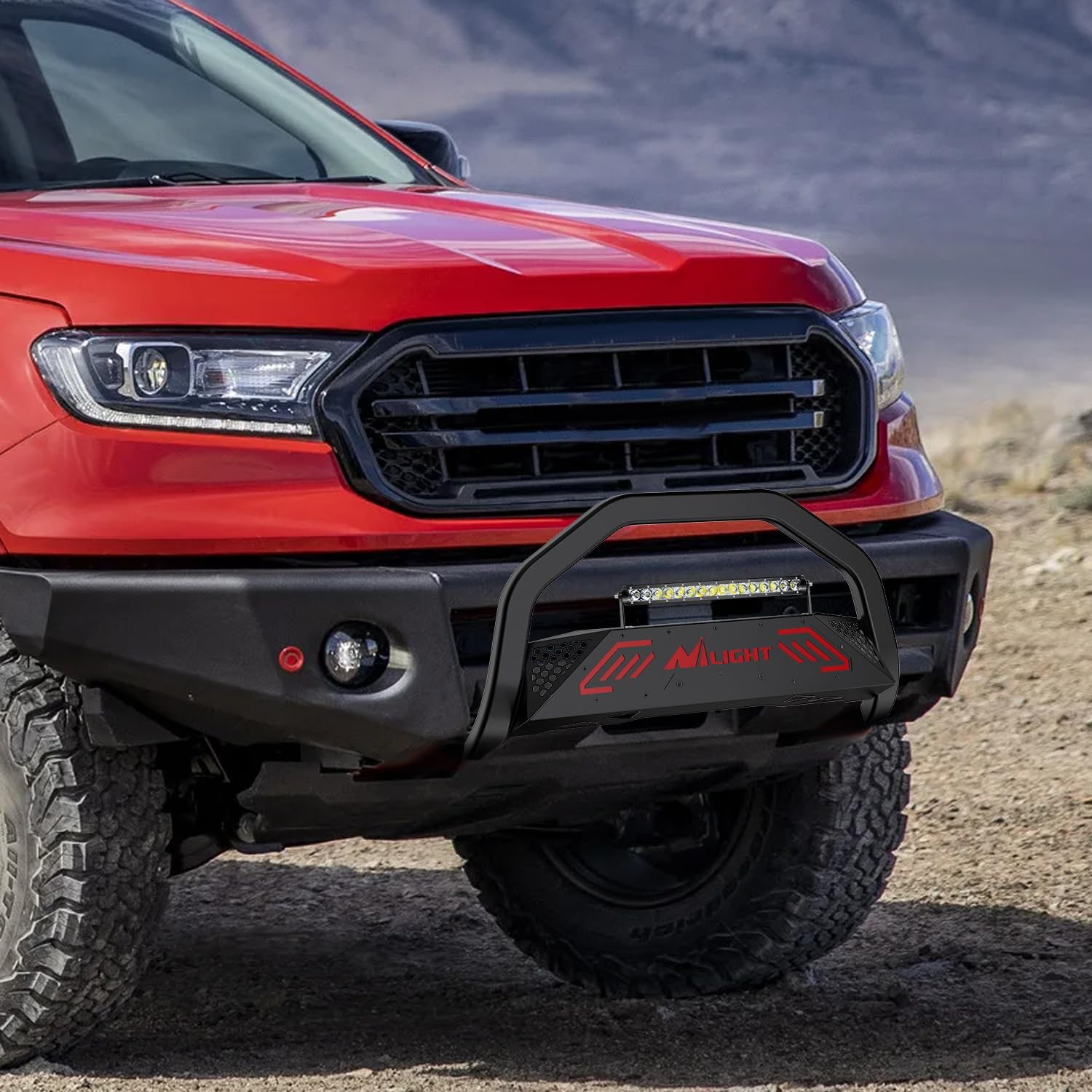 Nilight Bull Bar&License Plate Hole with LED Light Bar Compatible with Ford Ranger 2019 2020 2021 2022 2023 2024 2025 2026 Truck Brush Guard, Front Bumper Push Bar w/Grille Skid Plate Light Mount