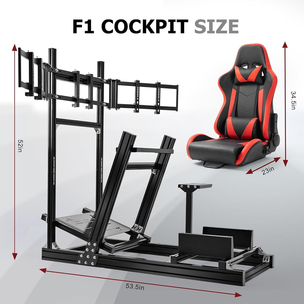 Supllueer 8040 Aluminum Sim Racing Cockpit with 3 Display Stand and Gaming Seat, Compatible with Logitech G29 G920, for Thrustmaster T150 T248, for Fanatec CSL-DD, for Moza R5 R9 Wheels