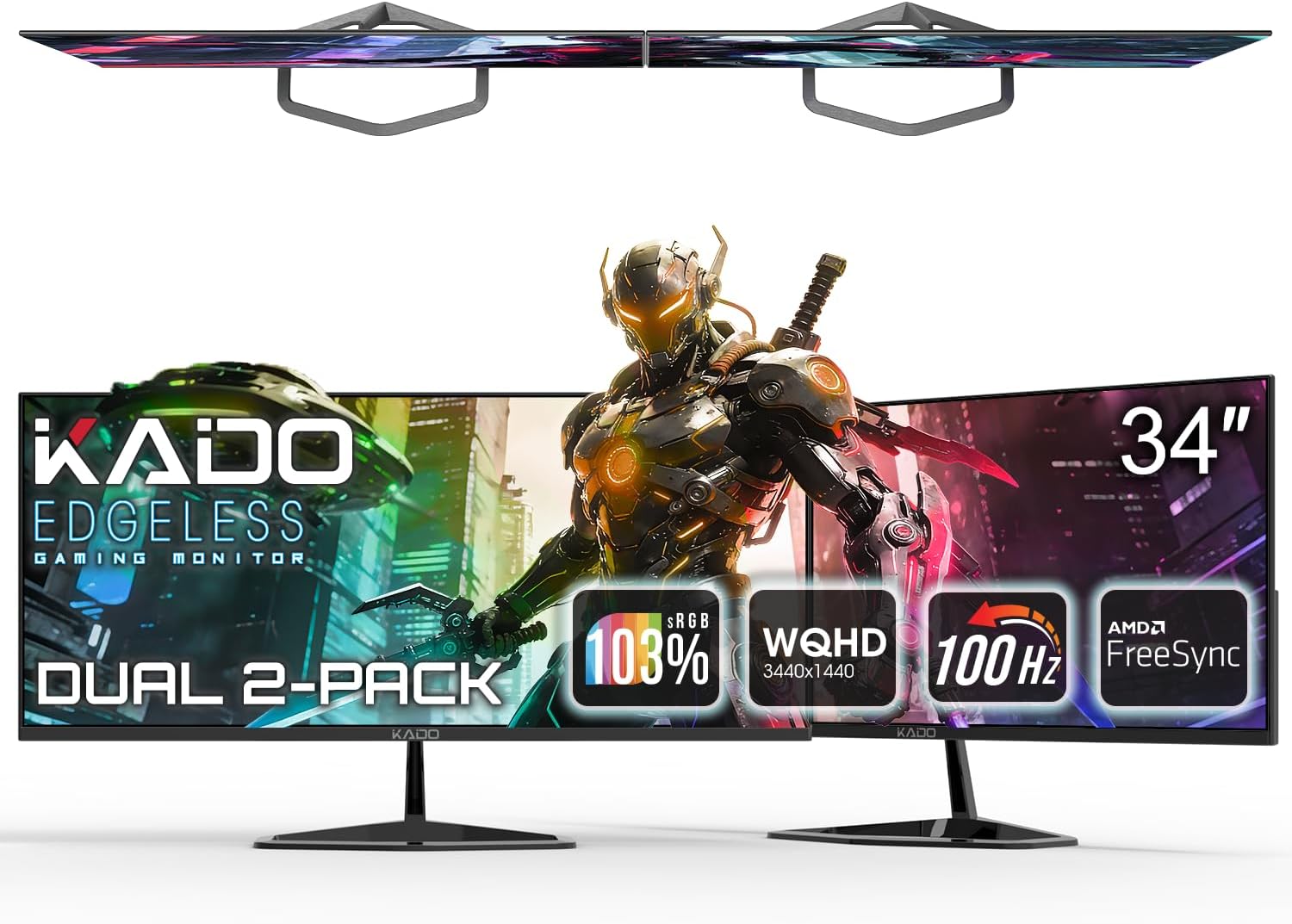 Kado Dual Gaming Monitor Setup - 2-Pack 34' 100Hz Ultrawide 21:9 3440x1440 WQHD Computer Monitor 103% sRGB, Stacked Gaming AMD FreeSync Premium, VESA Mount HDMI DisplayPort Built-in Speakers