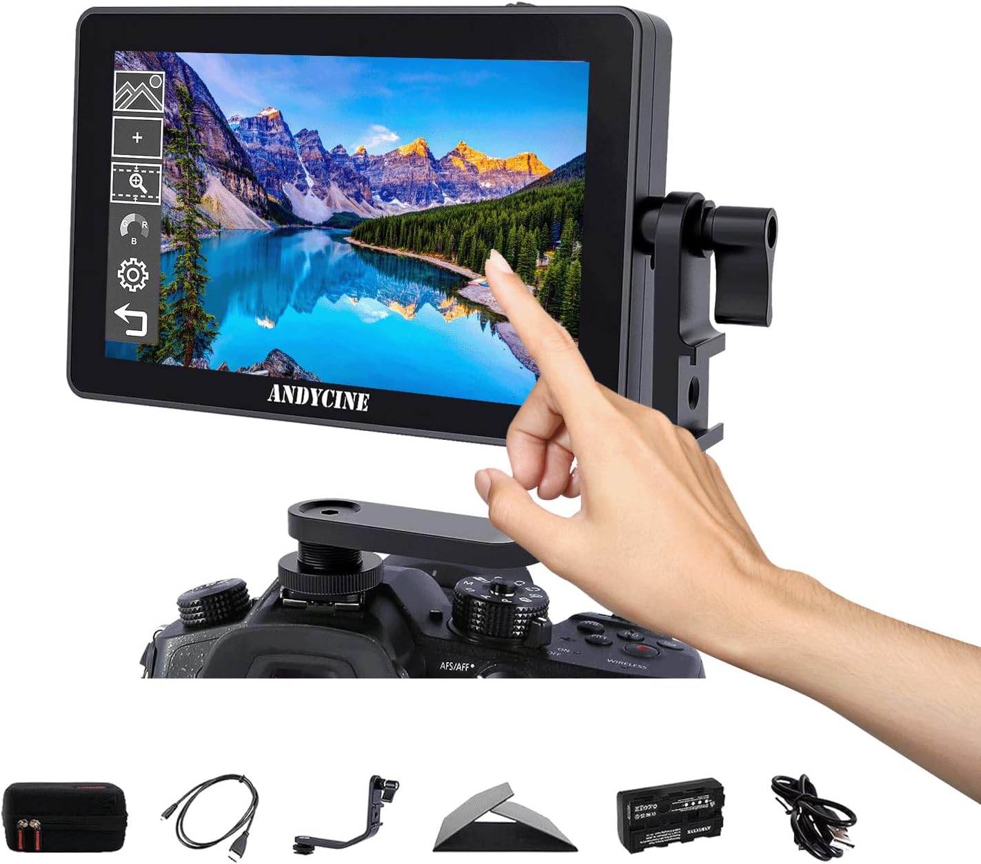 ANDYCINE A6 Plus V2 6' Touch Screen Camera Field Monitor Bundle - Full HD 1920x1080, 4K HDMI Input, 3D LUT, Waveform, Focus Assist with Battery, Carry Case & Sunshade