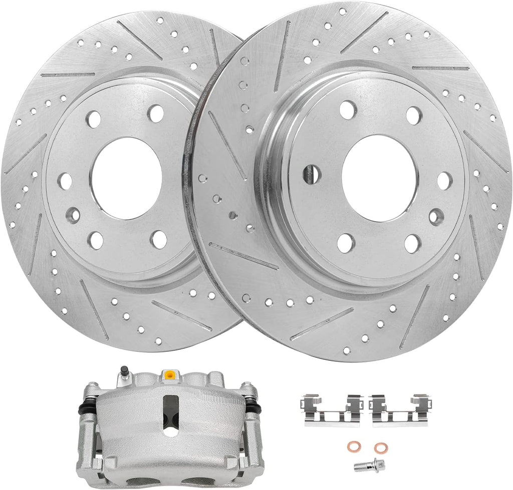 Detroit Axle - Front Drilled Rotors Right Brake Caliper Replacement for 2007-2016 Traverse Acadia Enclave Outlook - 3pc Set