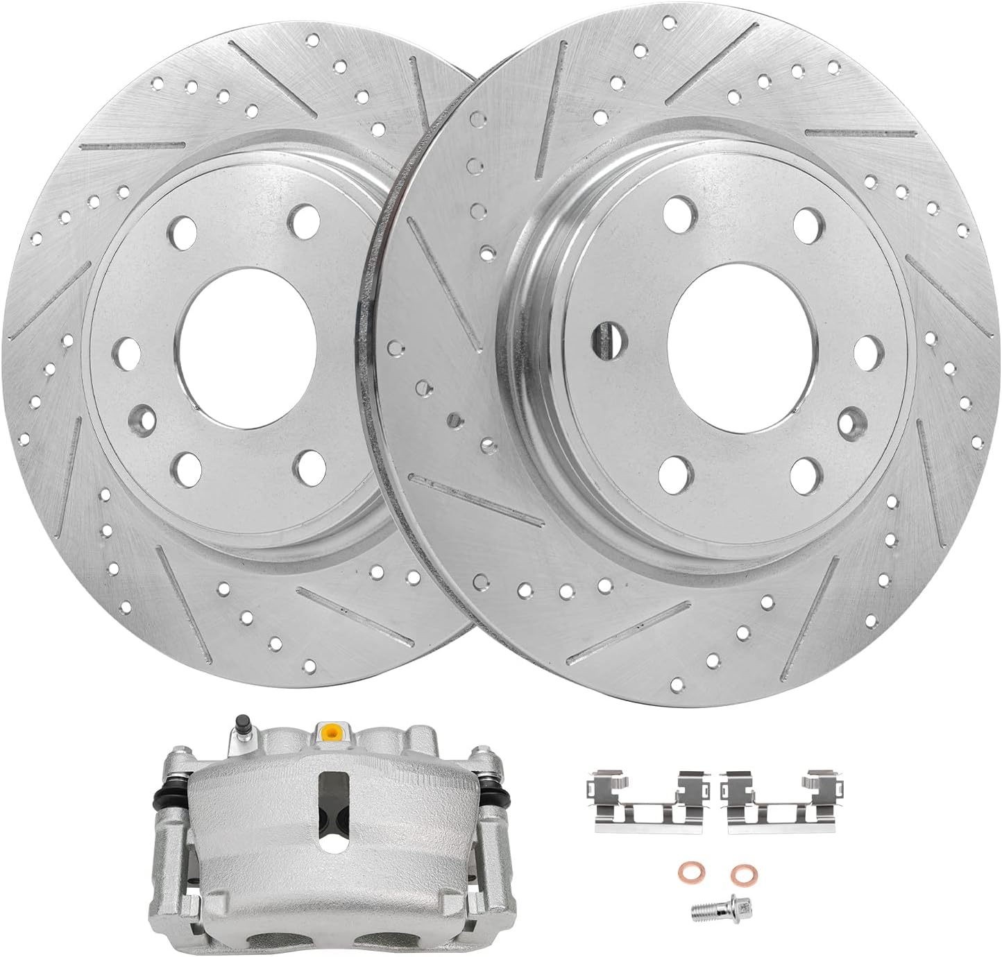 Detroit Axle - Front Drilled Rotors Right Brake Caliper Replacement for 2007-2016 Traverse Acadia Enclave Outlook - 3pc Set
