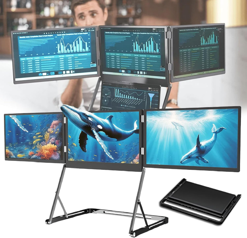 3 Screen Monitor with 1080p FHD IPS Display, 15.6in Portable Triple Monitors for Laptop, Monitor with 360° Rotation Adjustable Viewing Angles