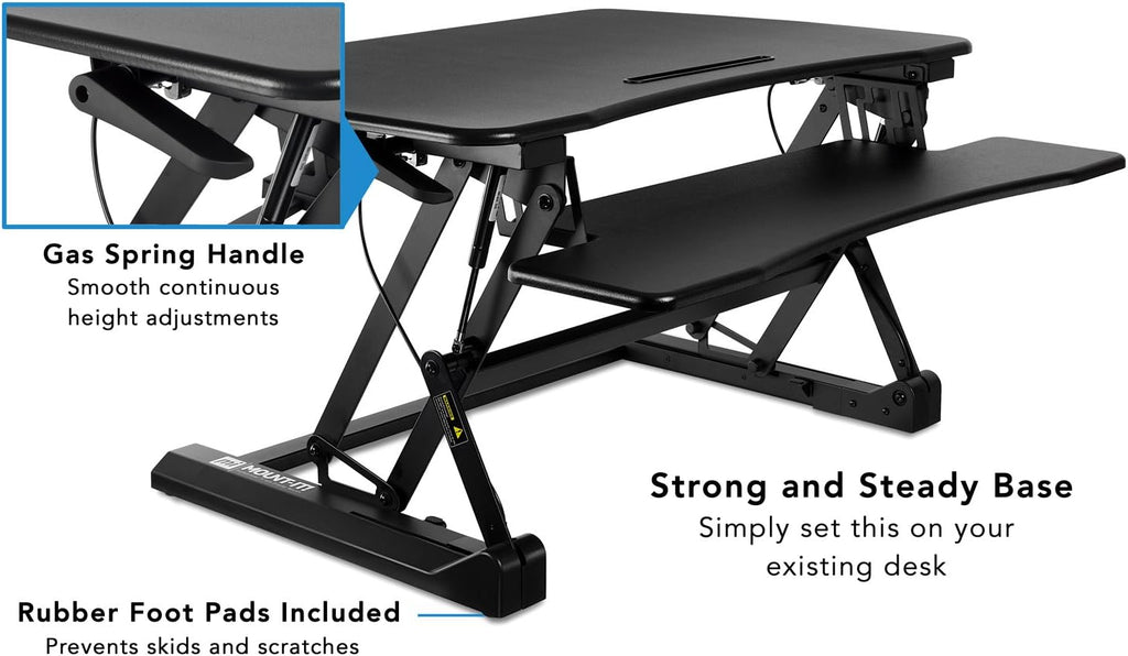Mount-It! 35.5' Standing Desk Converter with Keyboard Tray – Adjustable Sit Stand Desk Riser for Dual Monitors – Dual Gas Spring Height Adjustable Desktop Workstation Topper – Black