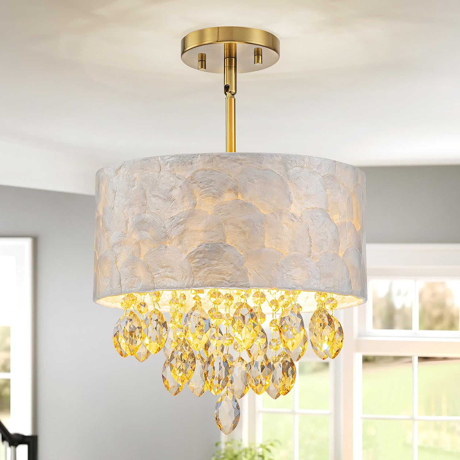 3-Light Drum Capiz Shell K9 Crystal Chandelier, Coastal Style Pendant Light Fixture for Dining Room, Living Room, D12 * H19~49 inch (Adjustable), Champagne Crystal & Gold Finish