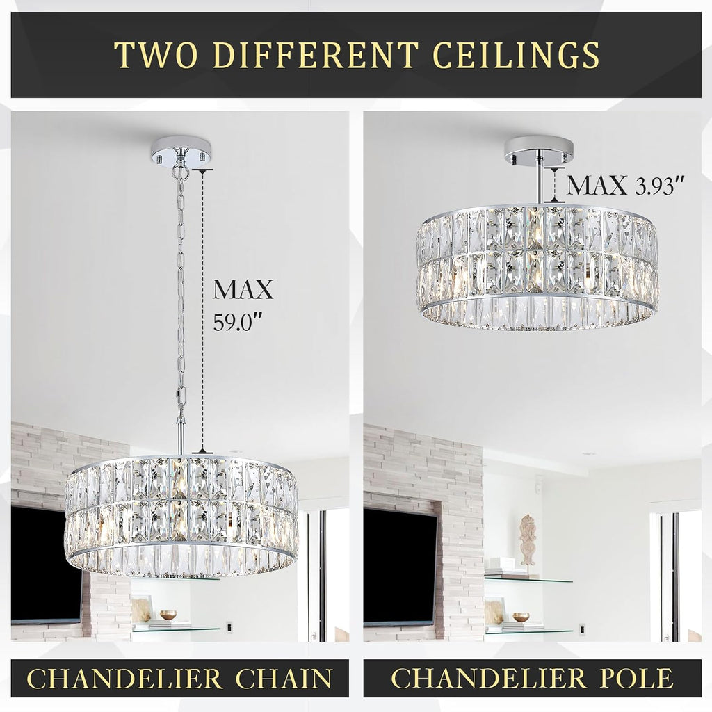 CATINER Modern Crystal Chandelier 18'Chrome Semi Flush Mount Ceiling Light Fixtures 6-Lights Drum Crystal Pendant Lighting for Dining Room Foyer Bedroom Living Room