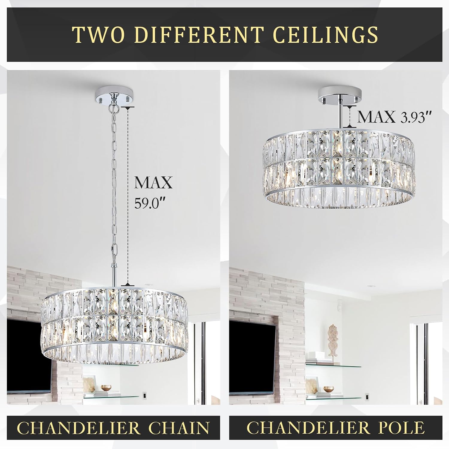 CATINER Modern Crystal Chandelier 18'Chrome Semi Flush Mount Ceiling Light Fixtures 6-Lights Drum Crystal Pendant Lighting for Dining Room Foyer Bedroom Living Room