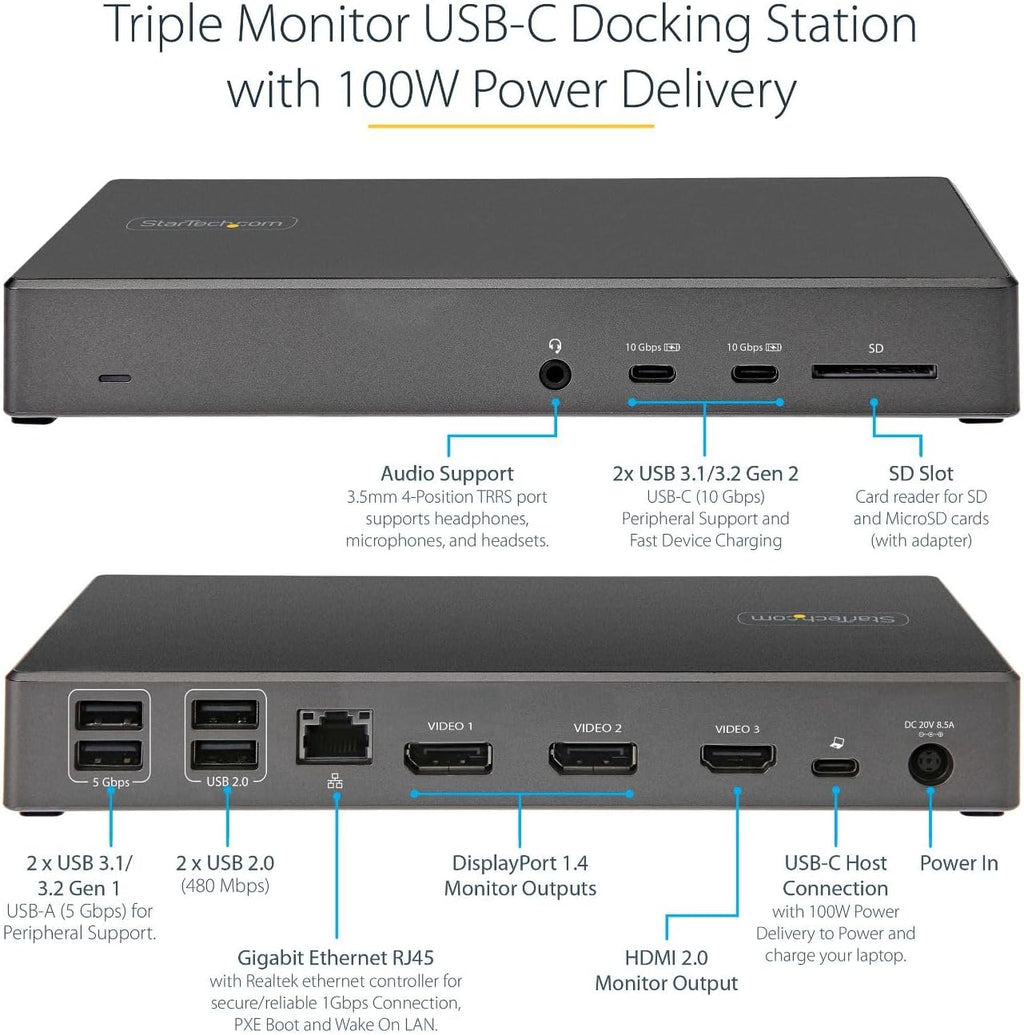 StarTech.com USB C Triple 4K Monitor Docking Station - 100W Power Delivery - DP 1.4 Alt Mode & DSC, 2 DisplayPort/HDMI 2.0-6 USB (2 at 10Gbps), SD - Windows/Chrome (DK31C2DHSPD) - Black & Space Gray