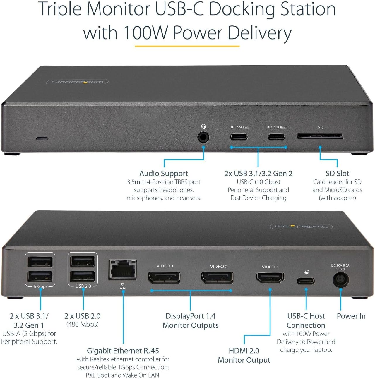 StarTech.com USB C Triple 4K Monitor Docking Station - 100W Power Delivery - DP 1.4 Alt Mode & DSC, 2 DisplayPort/HDMI 2.0-6 USB (2 at 10Gbps), SD - Windows/Chrome (DK31C2DHSPD) - Black & Space Gray