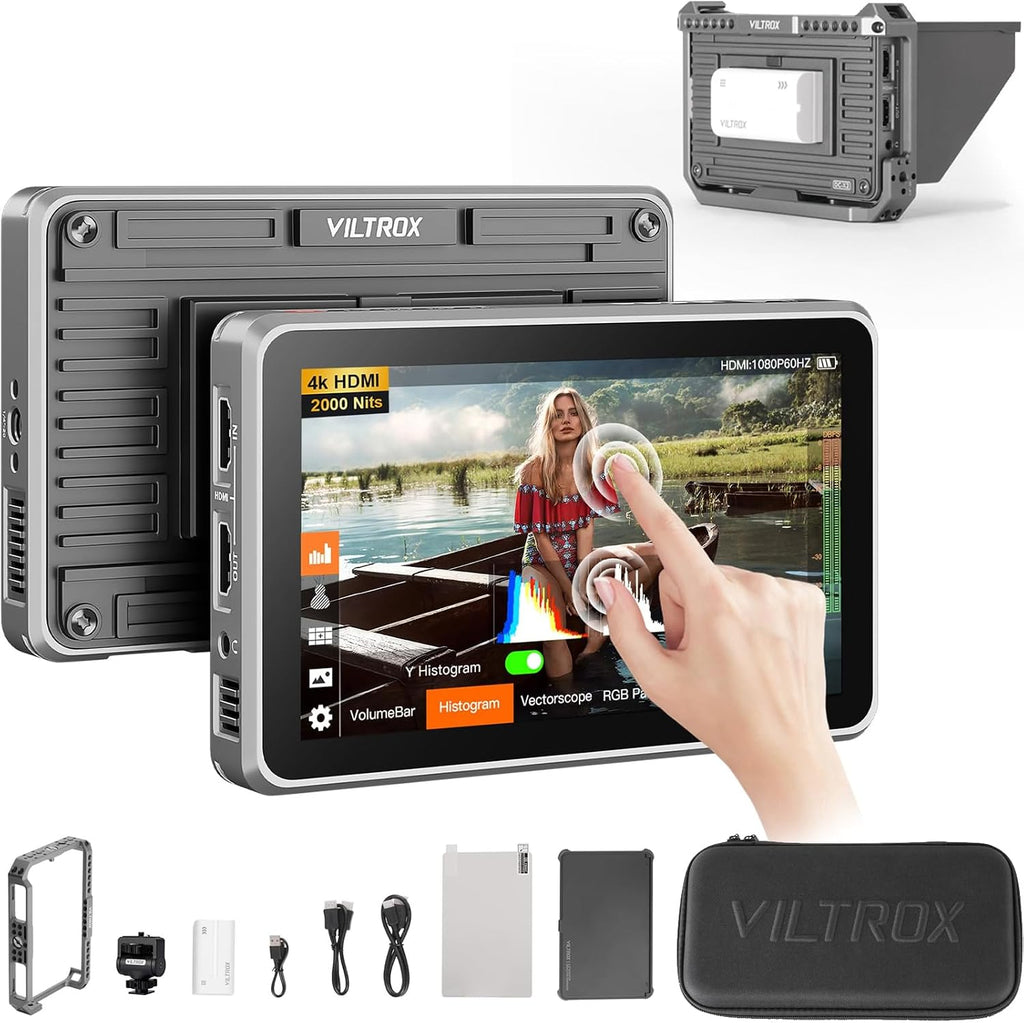 VILTROX DC-X FHD 2000Nits 6' Touchscreen Camera Field Monitor with Rig Cage, Sunshade Hood, Battery, Storage Bag(DC-X2 Rig Kit, HDMI)