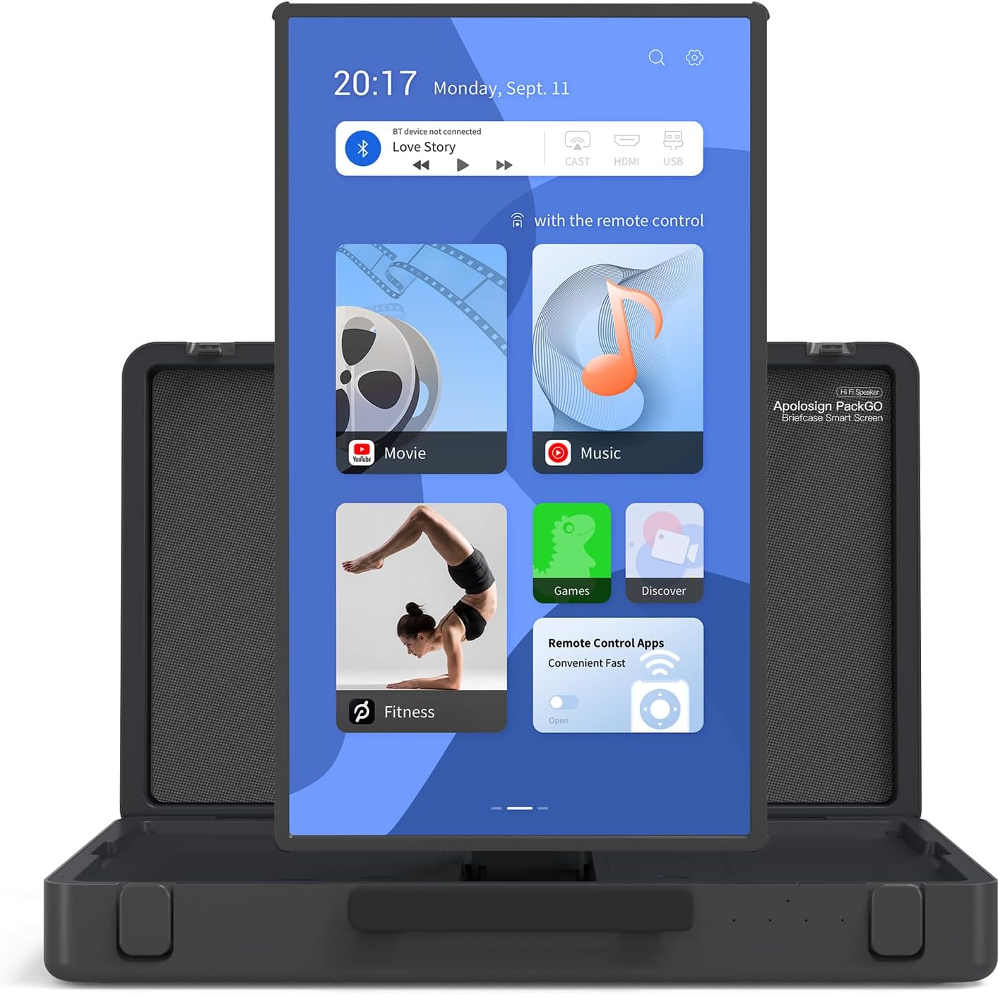 apolosign packgo 27-Inch Portable Entertainment System, Compact Suitcase Design Smart TV, Android OS, Bluetooth 3D Speakers, Built-in Battery 6H, Briefcase Screen Perfect for Travel & Parties (Gray)