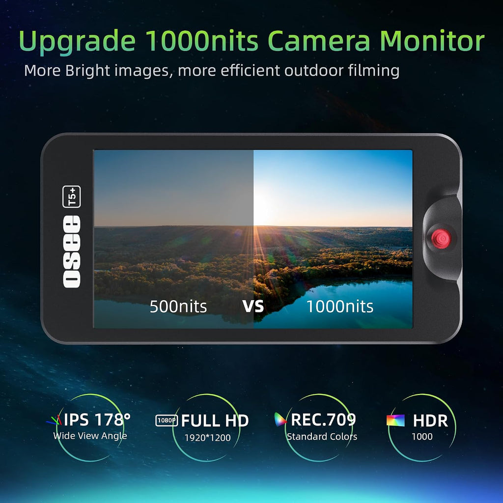 Osee T5+ 5.5 Inch 1000nits Camera Monitor, Customizable False Color Field Monitor, HDR 4K HDMI Input 8 MySets Preview Workflow DSLR Monitor, Peaking Focus Assist, 3D Lut (Battery Not Included)