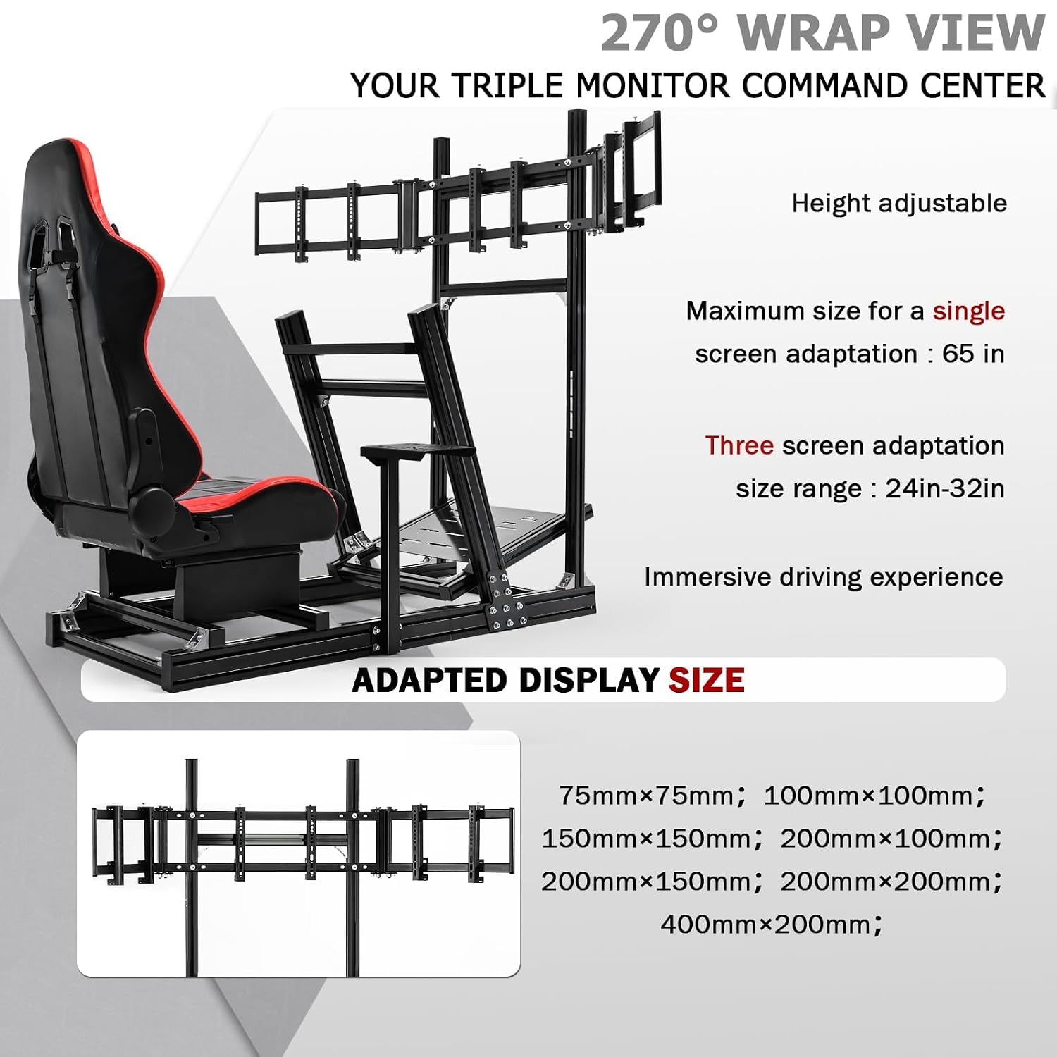 Supllueer 8040 Aluminum Sim Racing Cockpit with 3 Display Stand and Gaming Seat, Compatible with Logitech G29 G920, for Thrustmaster T150 T248, for Fanatec CSL-DD, for Moza R5 R9 Wheels