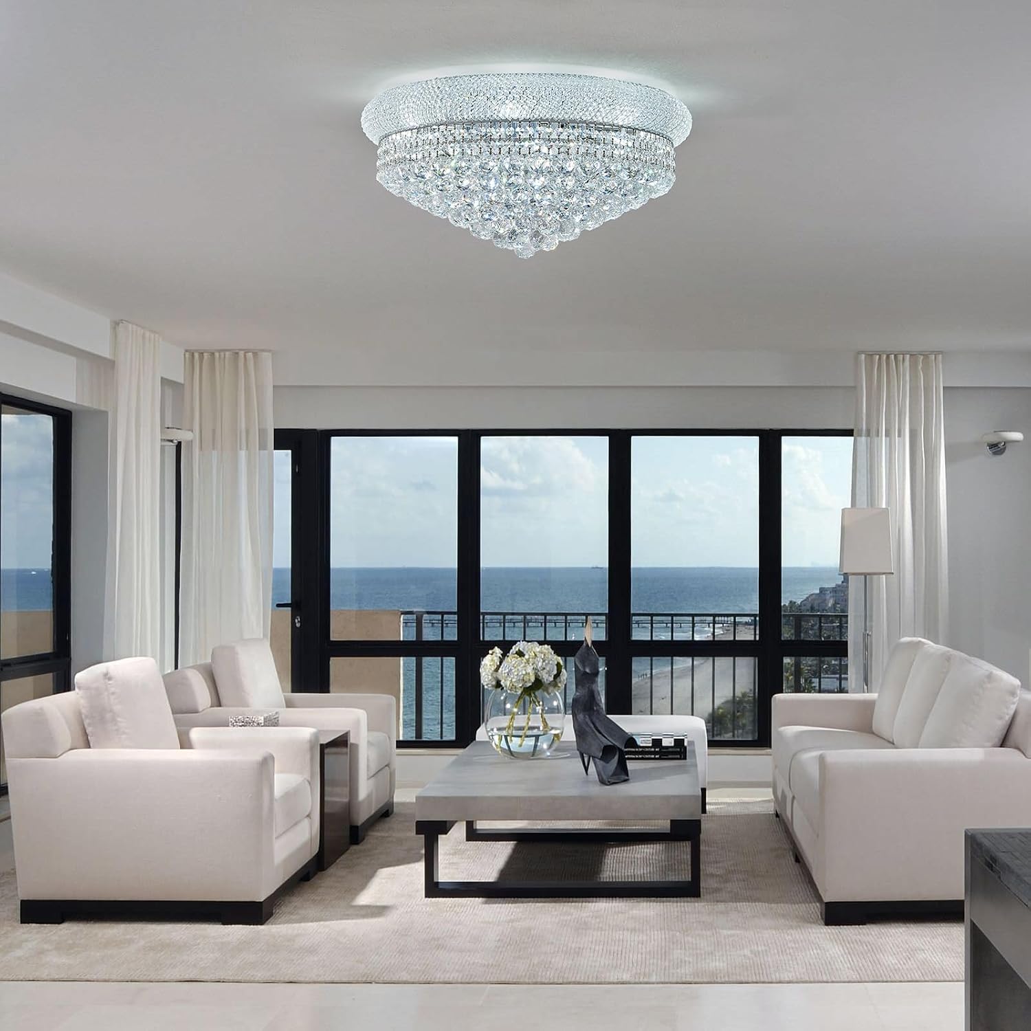 12 - Light Flush Mount Crystal Chandelier for Living Room Dining Room Entryway Hallway Bedroom Foyer Chrome Finish
