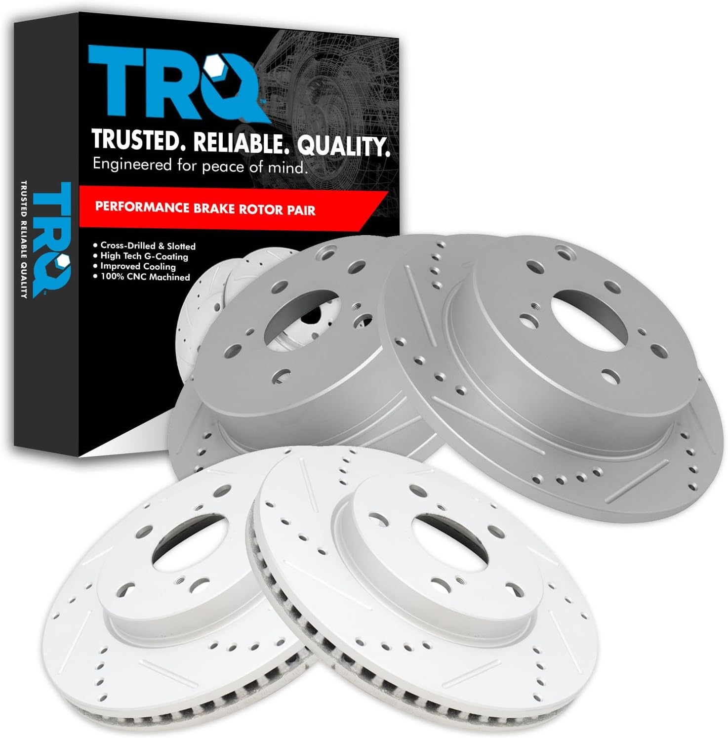 TRQ Performance Front and Rear Brake Rotor Set G Coated Drilled and Slotted Compatible with 2010-2012 Lexus HS250h 2006-2018 Toyota RAV4
