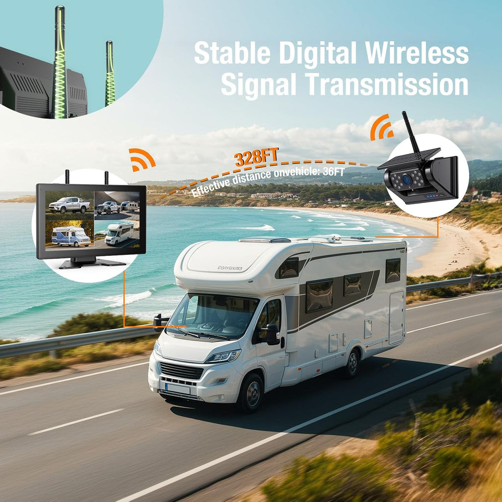 Magnetic Solar Wireless Backup Camera, 9' IPS Touchscreen Monitor HD1080P DVR Rear View Camera IP69 IR Night Vision No Wiring True 15000mAh Rechargeable Camera for RV, Trailer, Camper, Car,Truck