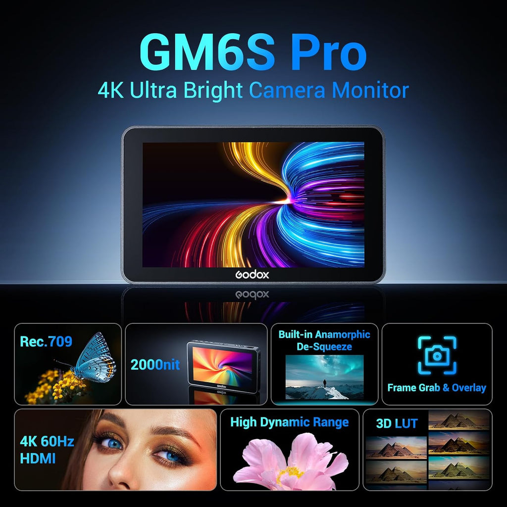 GODOX GM6S Pro 5.5inch Camera Field Monitor, 4K HDMI Camera Monitor, 2000nit±10% Ultra Bright Video Monitors, 1920x1080 IPS Touch Screen, Input & Output 3D LUT, All-Metal Body, with Foldable Sunshade