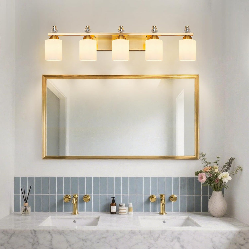 White Glass Bathroom Vanity Light 5 Light Mid Century Gold Bathroom Lighting Fixtures Over Mirror Modern Vanity Lighting Wall Mount for Bathroom Mirror Hallway(Bulbs Not Included)