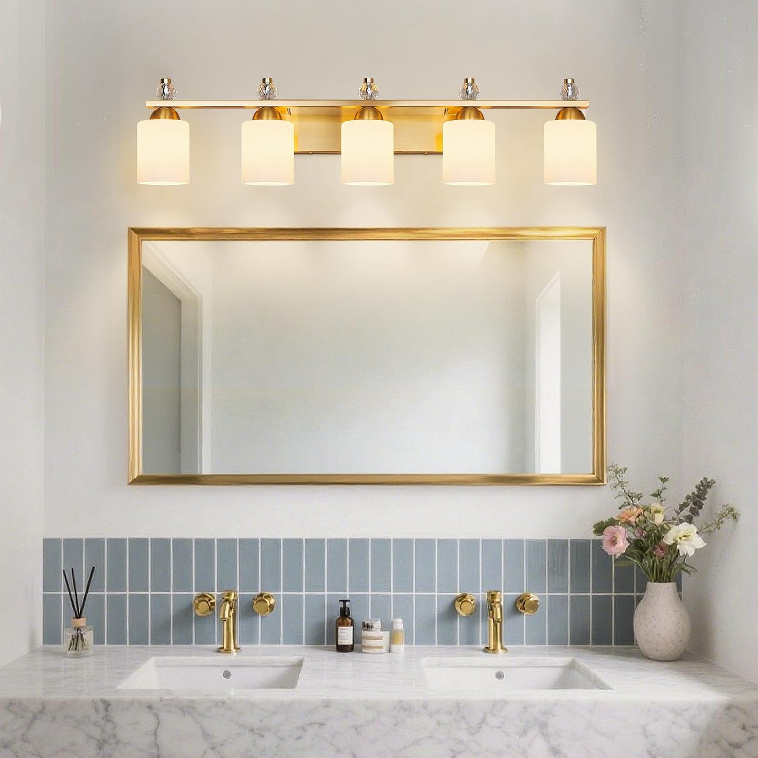 White Glass Bathroom Vanity Light 5 Light Mid Century Gold Bathroom Lighting Fixtures Over Mirror Modern Vanity Lighting Wall Mount for Bathroom Mirror Hallway(Bulbs Not Included)