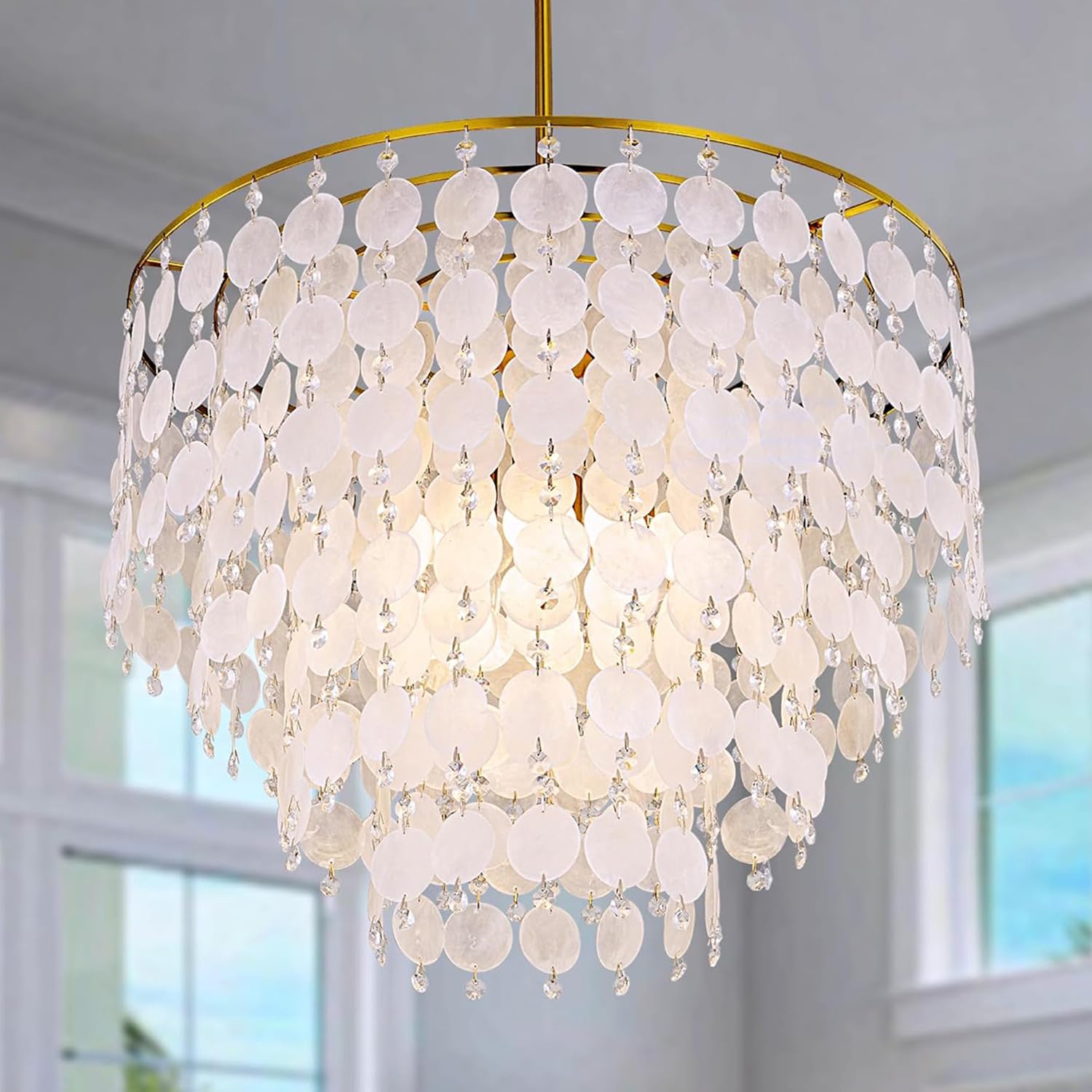 TOCHIC Natural Capiz Shell Chandelier, 6-Light Gold Modern Coastal Chandelier Light Fixture for Dining Room, Hanging Boho Round Beach Shell Pendant Light for Living Room, Bedroom, Kitchen, Foyer, 24'W