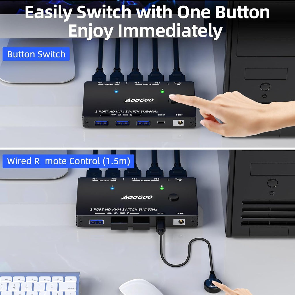 HDMI KVM Switch 2 Computers 1 Monitors, 8K@60Hz/4K@120Hz Monitor KVM Switch 2 Port for 2 PCs Share 1 Monitor, with 3 USB3.0 Ports, USB Cables and Power Adapter (8K HDMI 2 in 1 Out KVM)