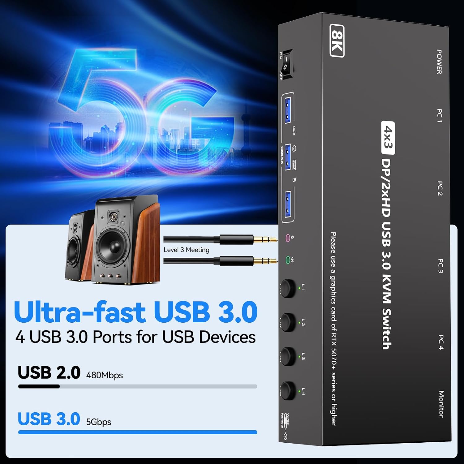 KVM Switch 3 Monitors 4 Computers with Audio, HDMI + DisplayPort 8K@30Hz/4k@144Hz DP KVM Switcher, USB 3.0 KVM Switches for 4 PC Share 3 Display, Suitable for Office/Work from Home, Programmer Setup