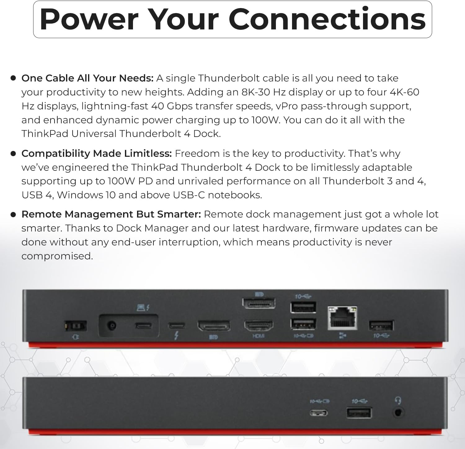 40B00135US Lenovo Thinkpad Docking Station USB C - 1 Year Warranty, Supports 4K Display, Thunderbolt 4 Dock with 135W Adapter, HDMI, DisplayPort, Thunderbolt Cables & Cloth - Lenovo Docking Station