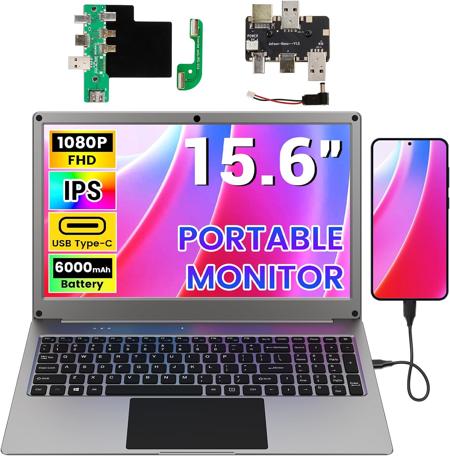 Portable Monitor with Keyboard, 15.6 Inch Lapdock Display with 6000mah Battery,CrowView Note 1080P FHD USB C Monitors with RPi5&Jetson Adapters Compatible with RPi5, PC, Phone, Mac, Game Console