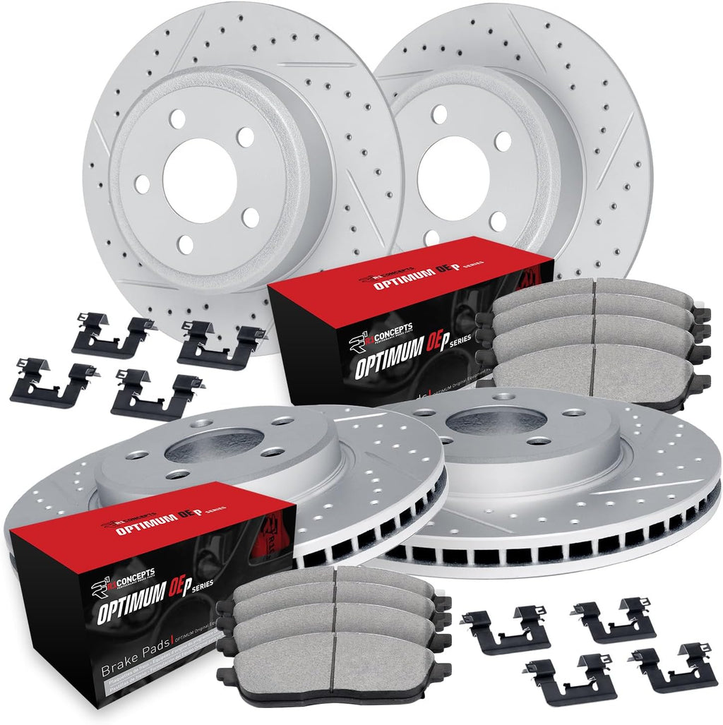 R1 Concepts Front and Rear Brake Kit Fits 2006-2011 Honda Civic Coupe Si; 2007-2011 Honda Civic Sedan Si| Optimum Oep Pads, Drilled Slotted Rotors| Hardware| 11.8' Front & 10.2' Rear