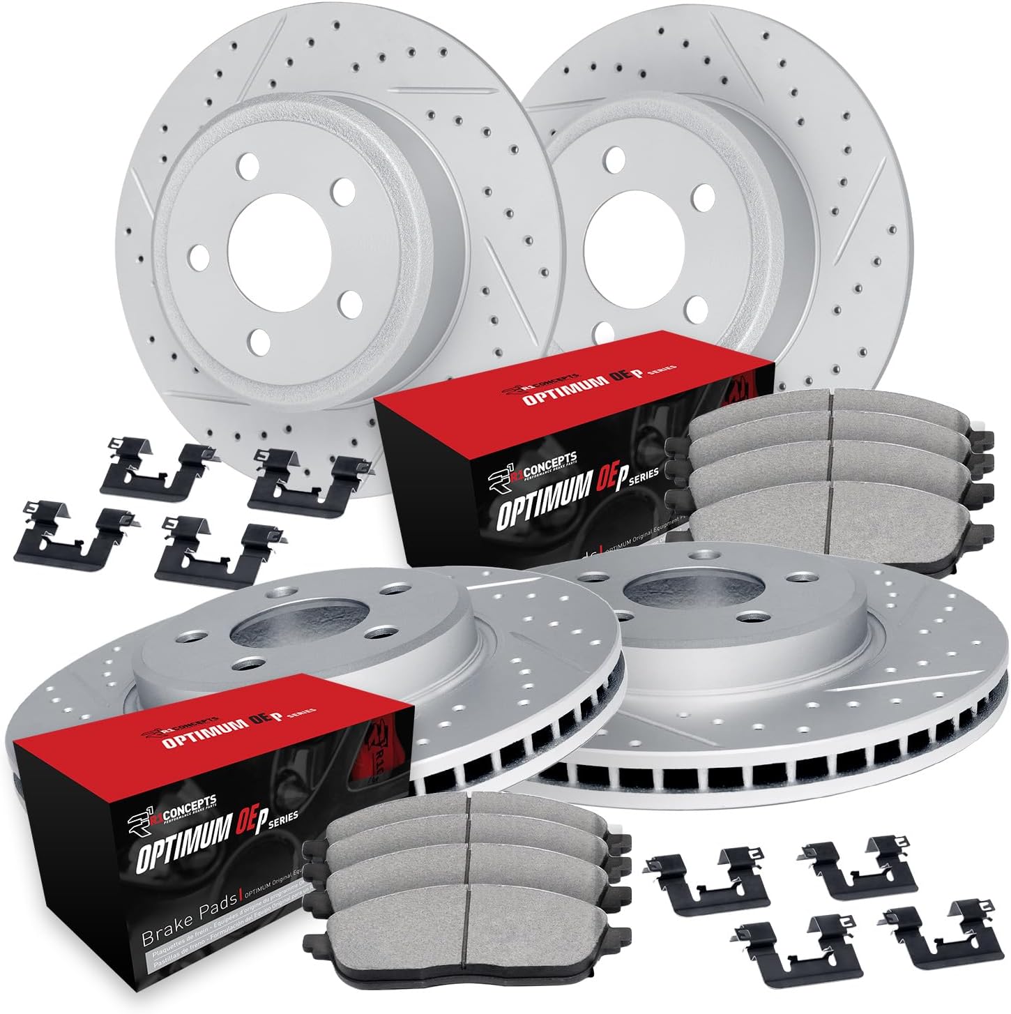 R1 Concepts Front and Rear Brake Kit Fits 2006-2011 Honda Civic Coupe Si; 2007-2011 Honda Civic Sedan Si| Optimum Oep Pads, Drilled Slotted Rotors| Hardware| 11.8' Front & 10.2' Rear