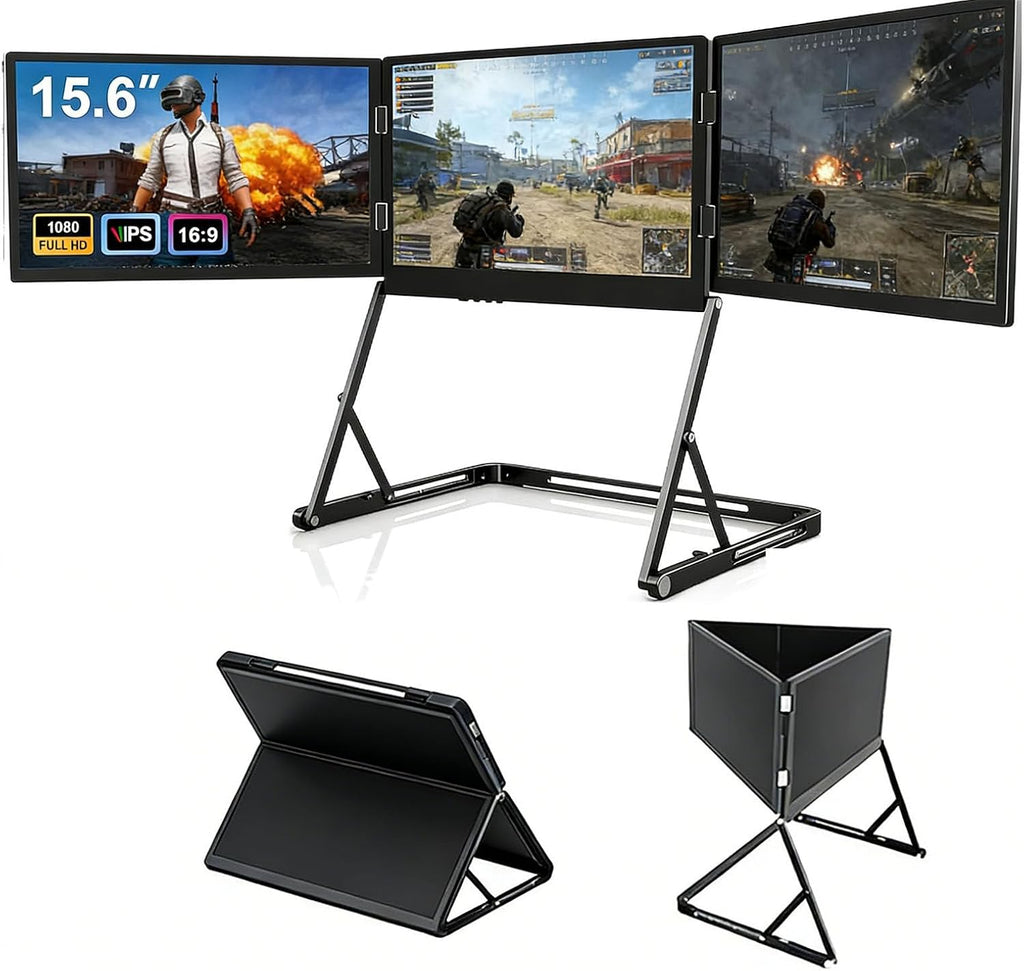 Laptop Screen Extender, 15.6' FHD 1080P 16:9 IPS Portable Foldable Triple Monitor, Laptop Monitor Extender, HDMI/USB-C n Play for Windows, Mac, Android