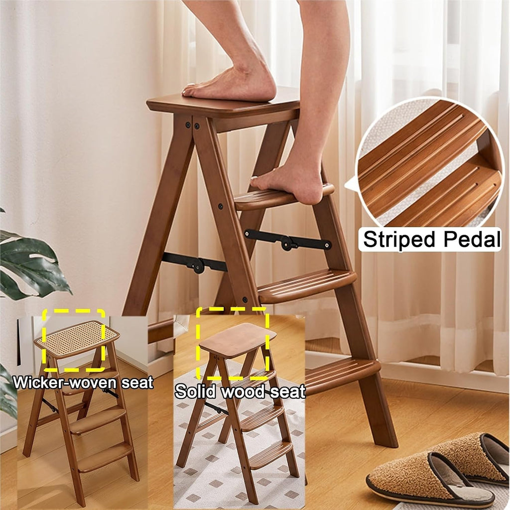 Solid Wood Folding Stool with Footrest Design Reinforced Plywood Construction Home-use Foldings Chair Triangular Load-bearing Structure Thickened Hardware Fittings Non-slip Foot Pads Rounded Edges